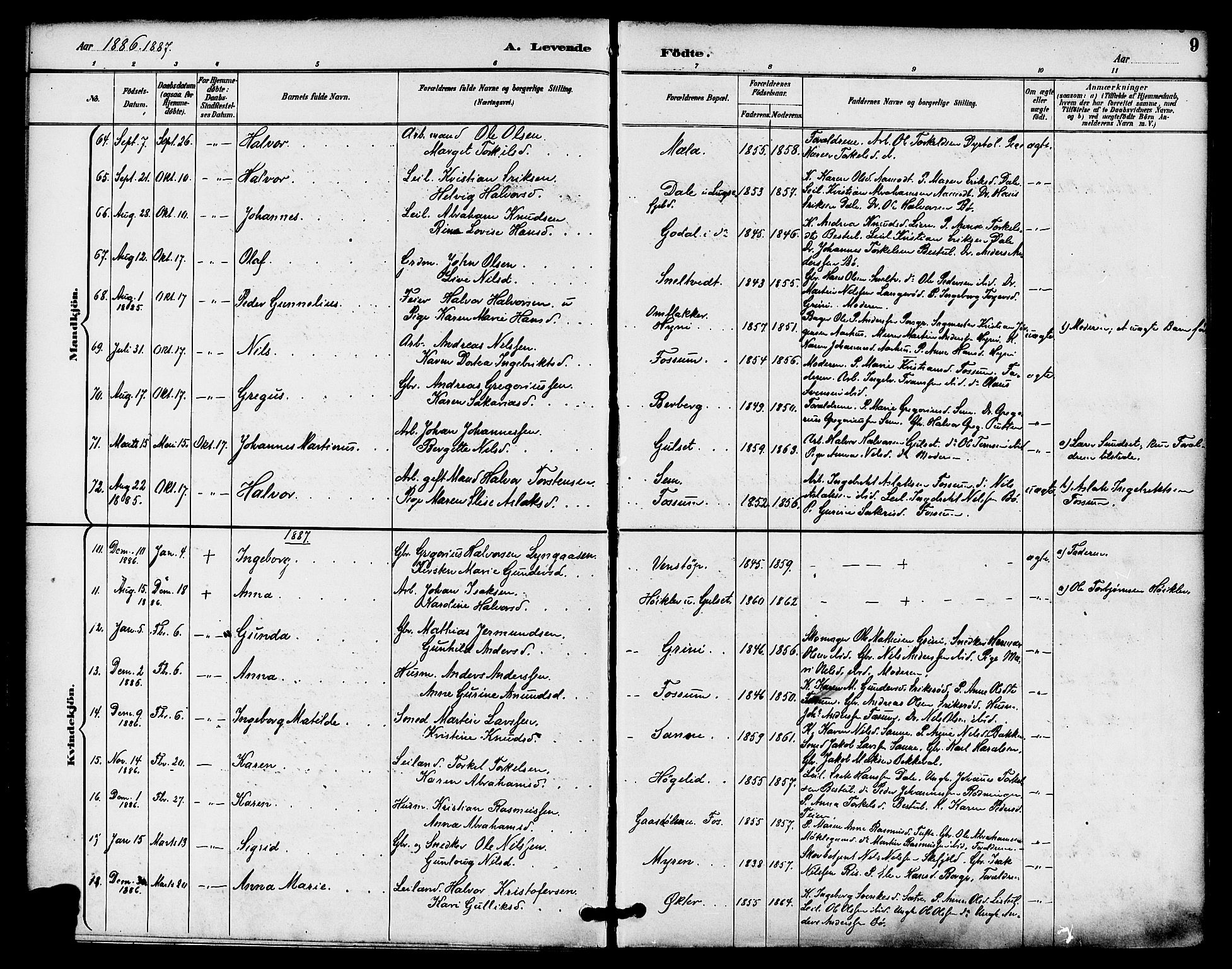 Gjerpen kirkebøker, SAKO/A-265/F/Fa/L0010: Parish register (official) no. I 10, 1886-1895, p. 9