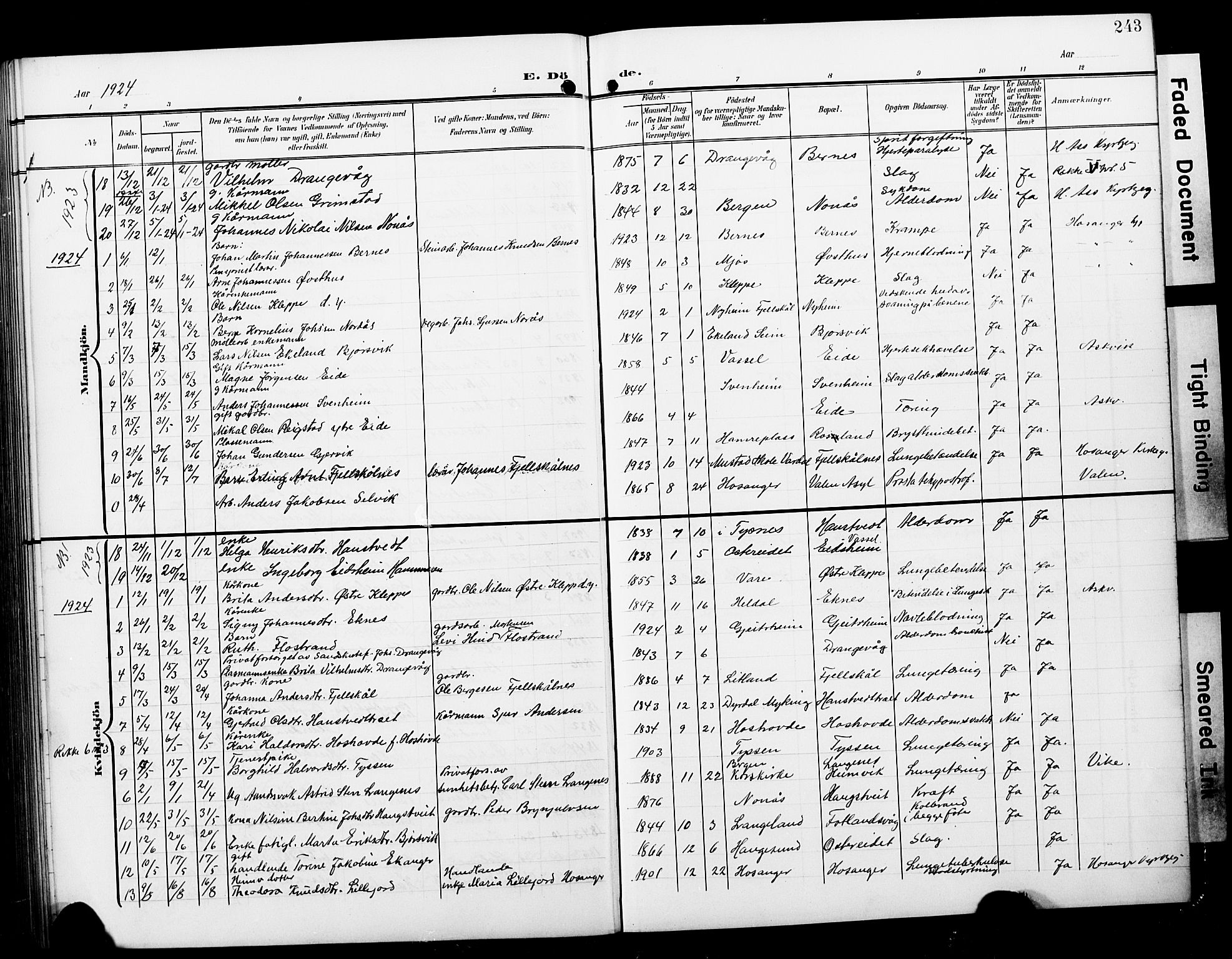 Hosanger sokneprestembete, AV/SAB-A-75801/H/Hab: Parish register (copy) no. A 4, 1904-1927, p. 243