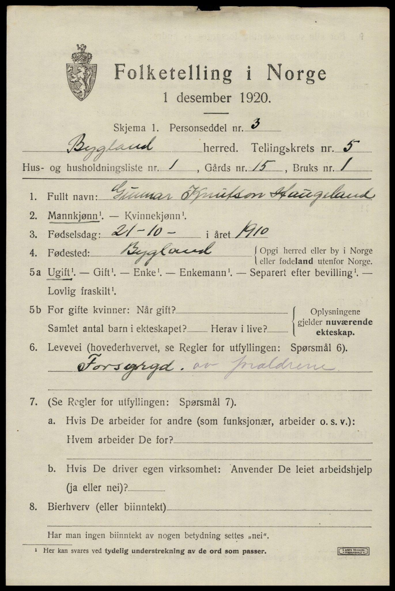 SAK, 1920 census for Bygland, 1920, p. 1857