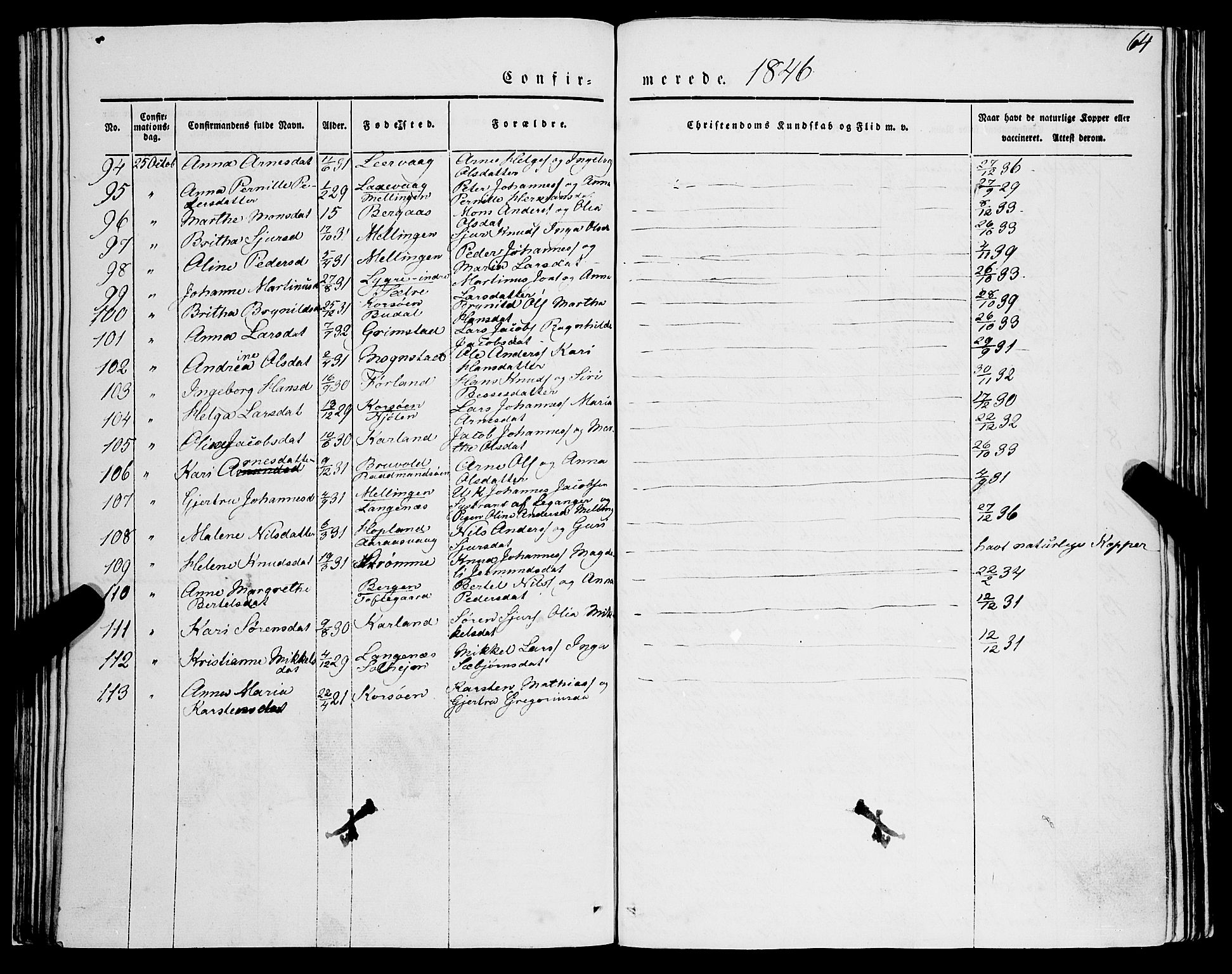 Lindås Sokneprestembete, SAB/A-76701/H/Haa: Parish register (official) no. A 12, 1836-1848, p. 64