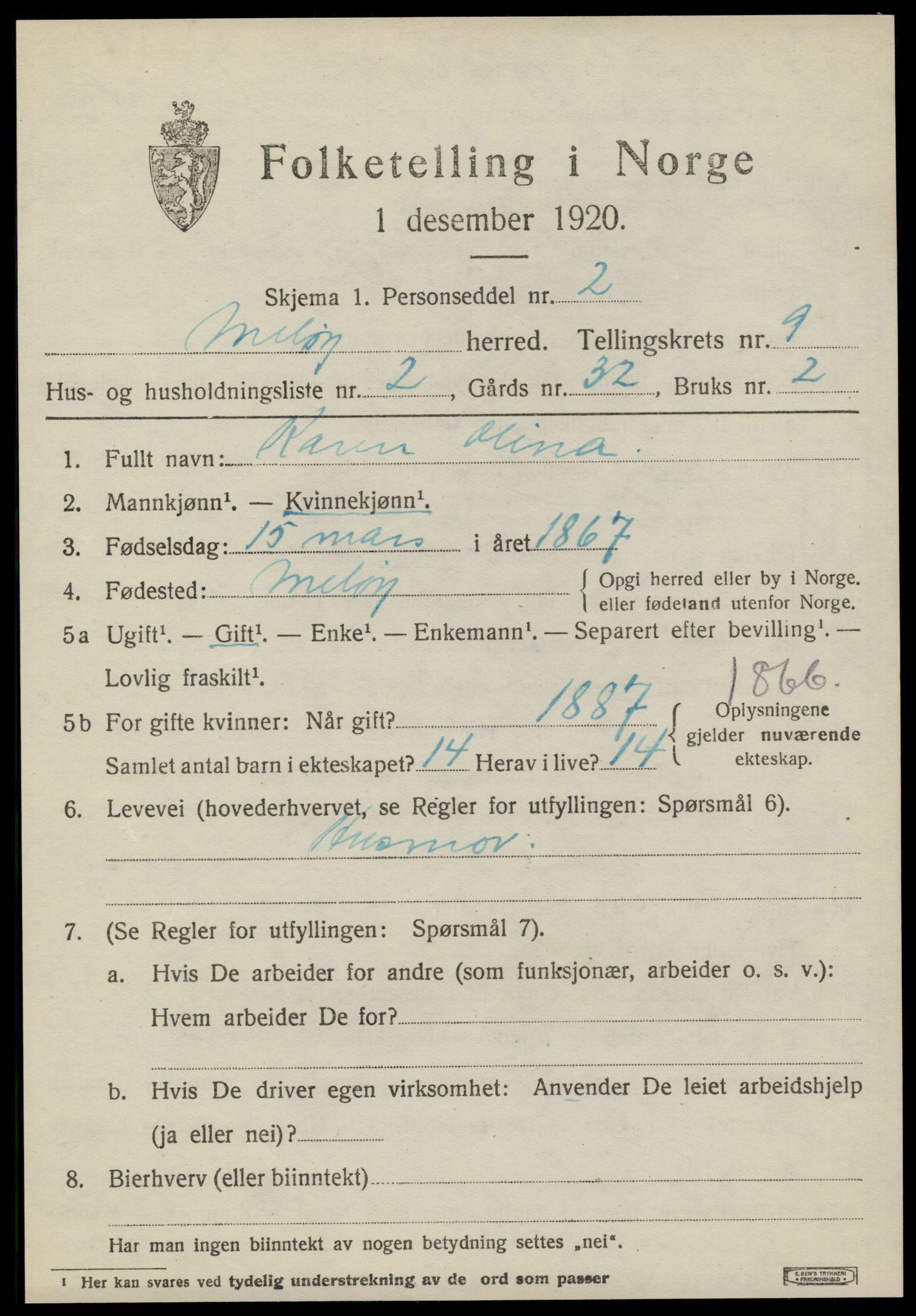 SAT, 1920 census for Meløy, 1920, p. 4425