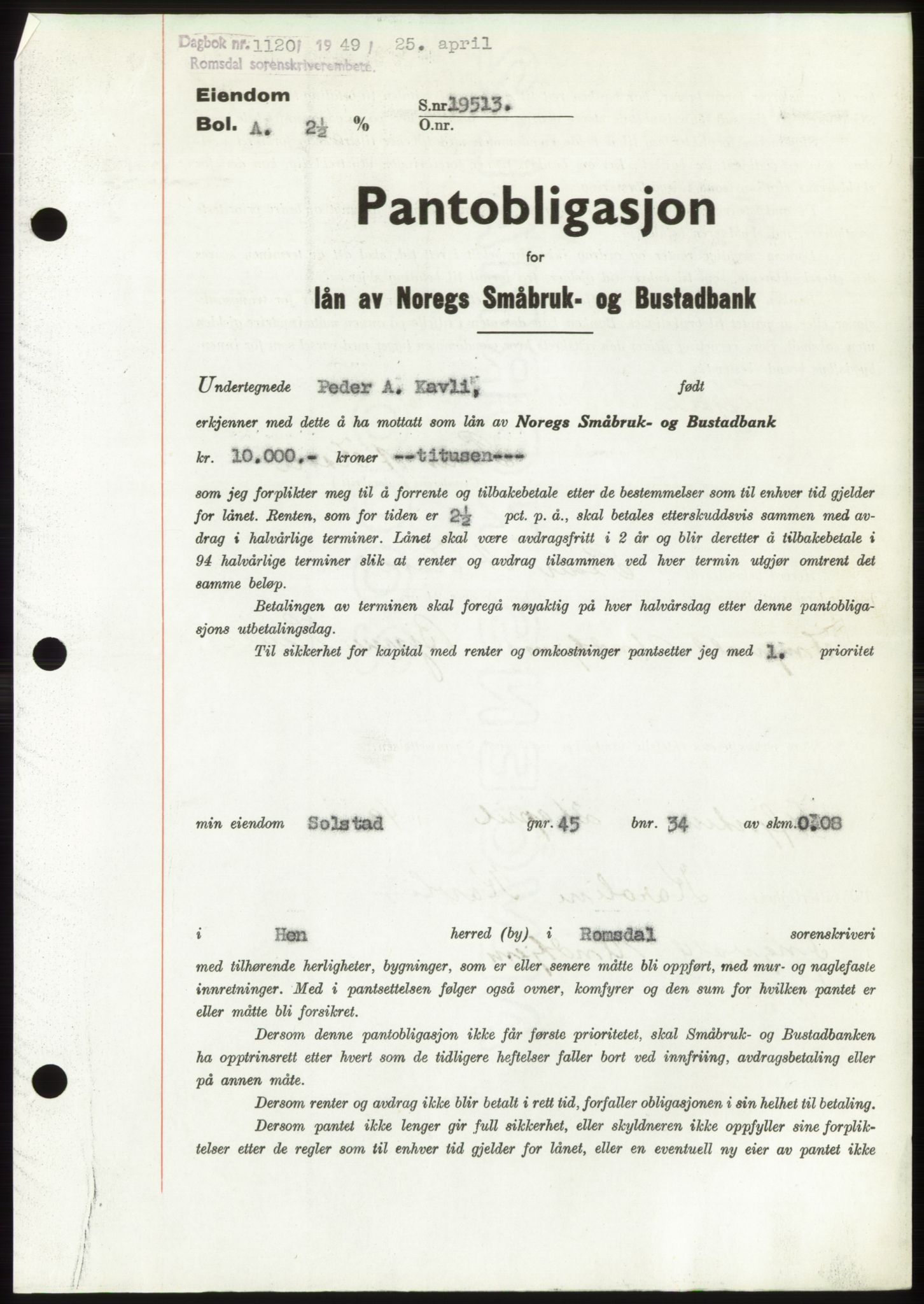 Romsdal sorenskriveri, AV/SAT-A-4149/1/2/2C: Mortgage book no. B4, 1948-1949, Diary no: : 1120/1949