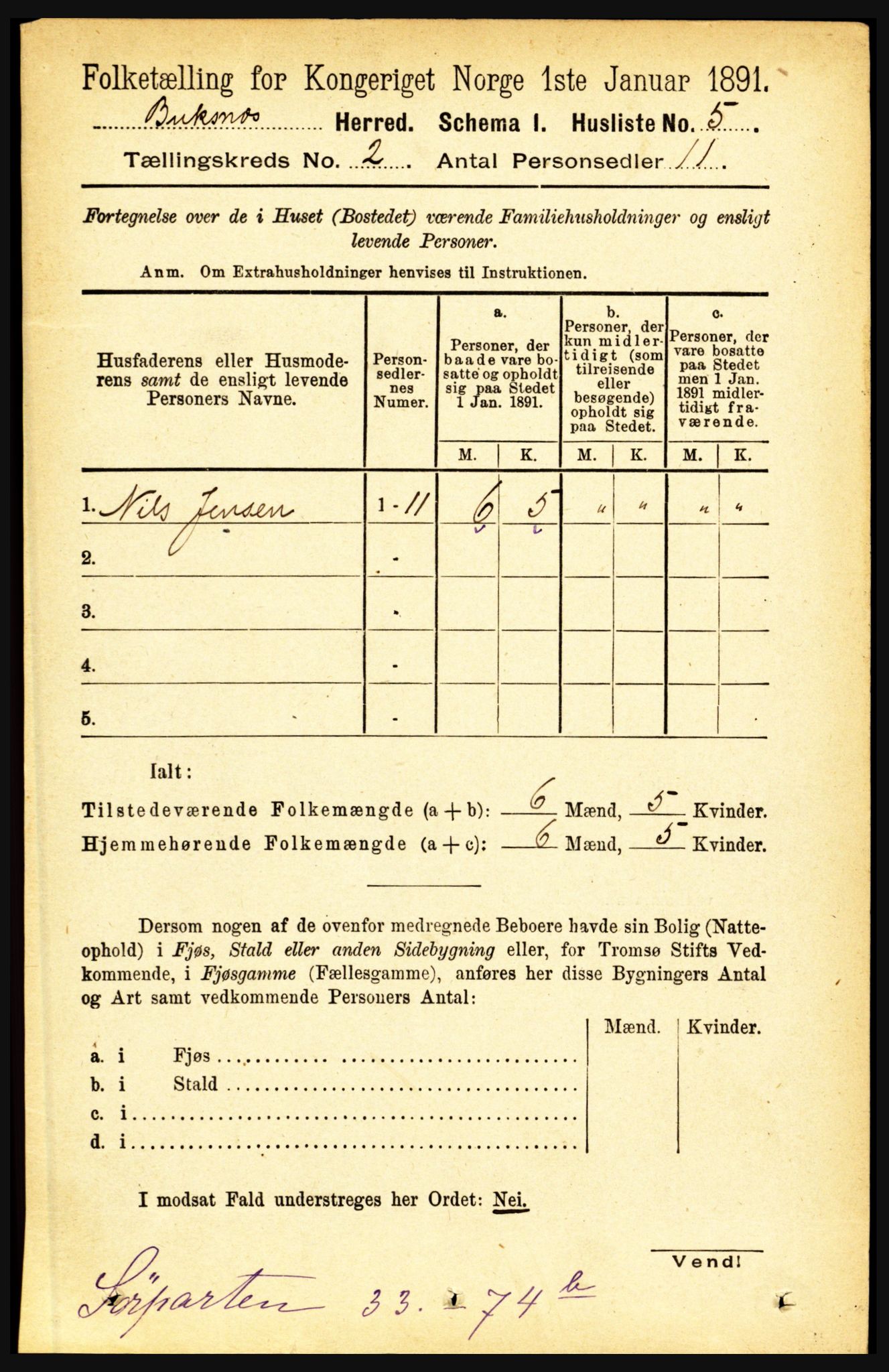 RA, 1891 census for 1860 Buksnes, 1891, p. 1525