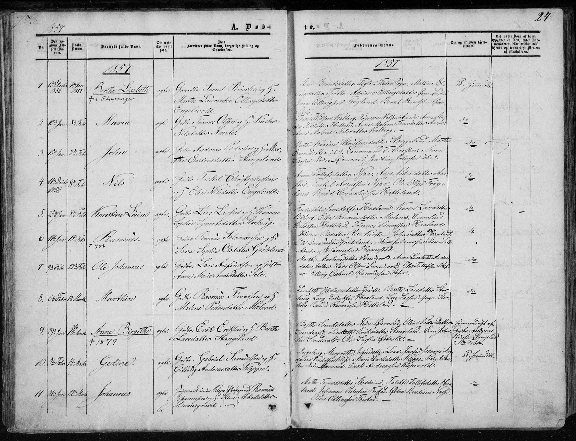 Klepp sokneprestkontor, AV/SAST-A-101803/001/3/30BA/L0005: Parish register (official) no. A 5, 1853-1870, p. 24