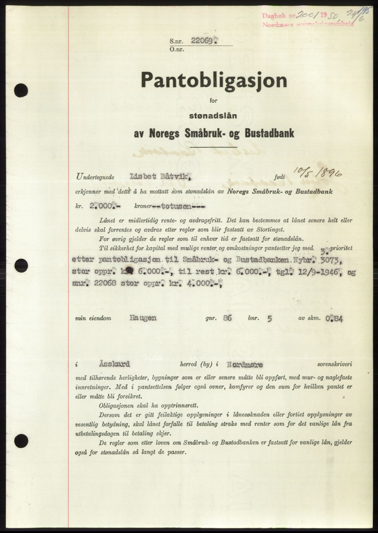 Nordmøre sorenskriveri, AV/SAT-A-4132/1/2/2Ca: Mortgage book no. B105, 1950-1950, Diary no: : 2001/1950