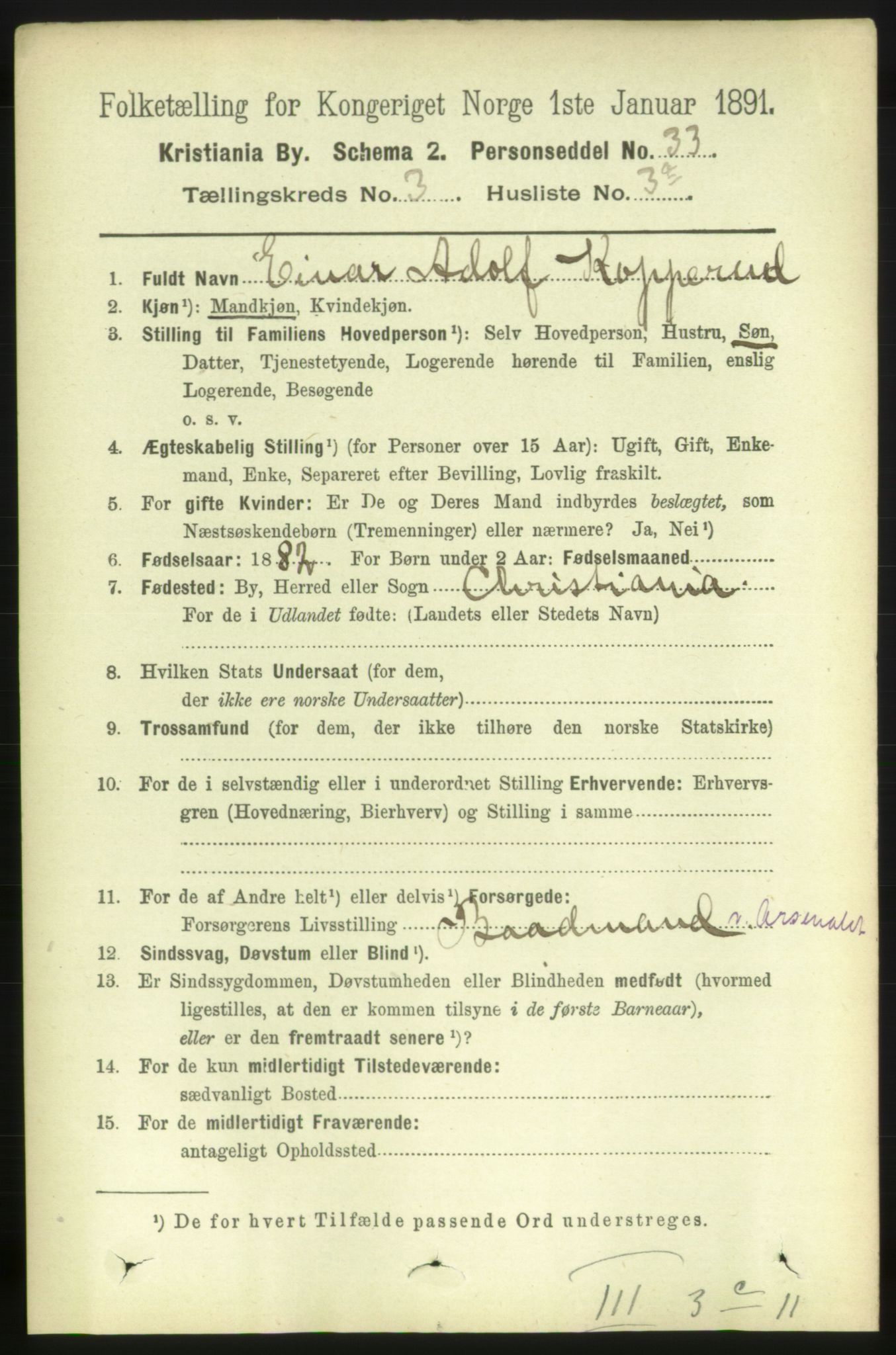 RA, 1891 census for 0301 Kristiania, 1891, p. 1289