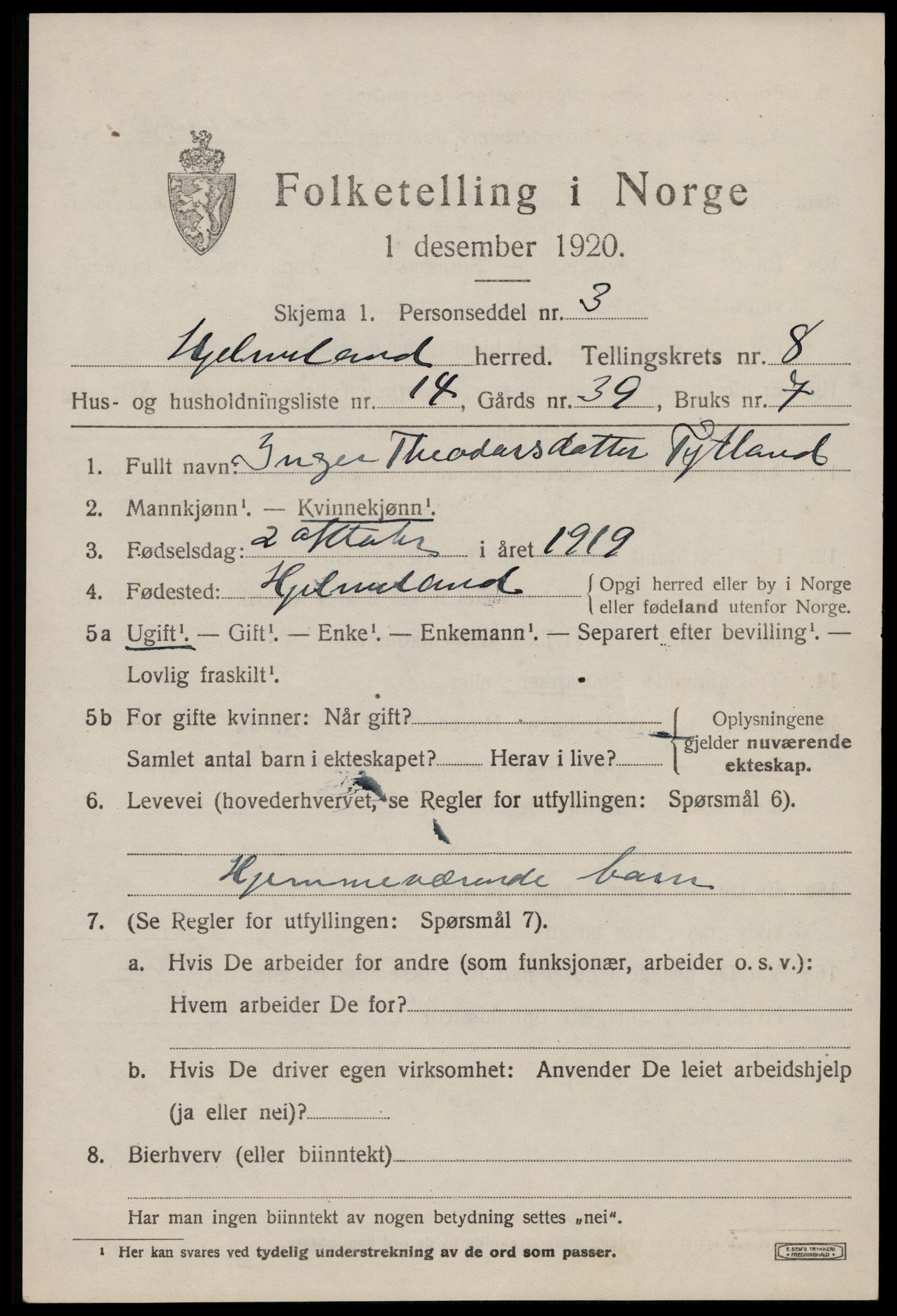 SAST, 1920 census for Hjelmeland, 1920, p. 2679