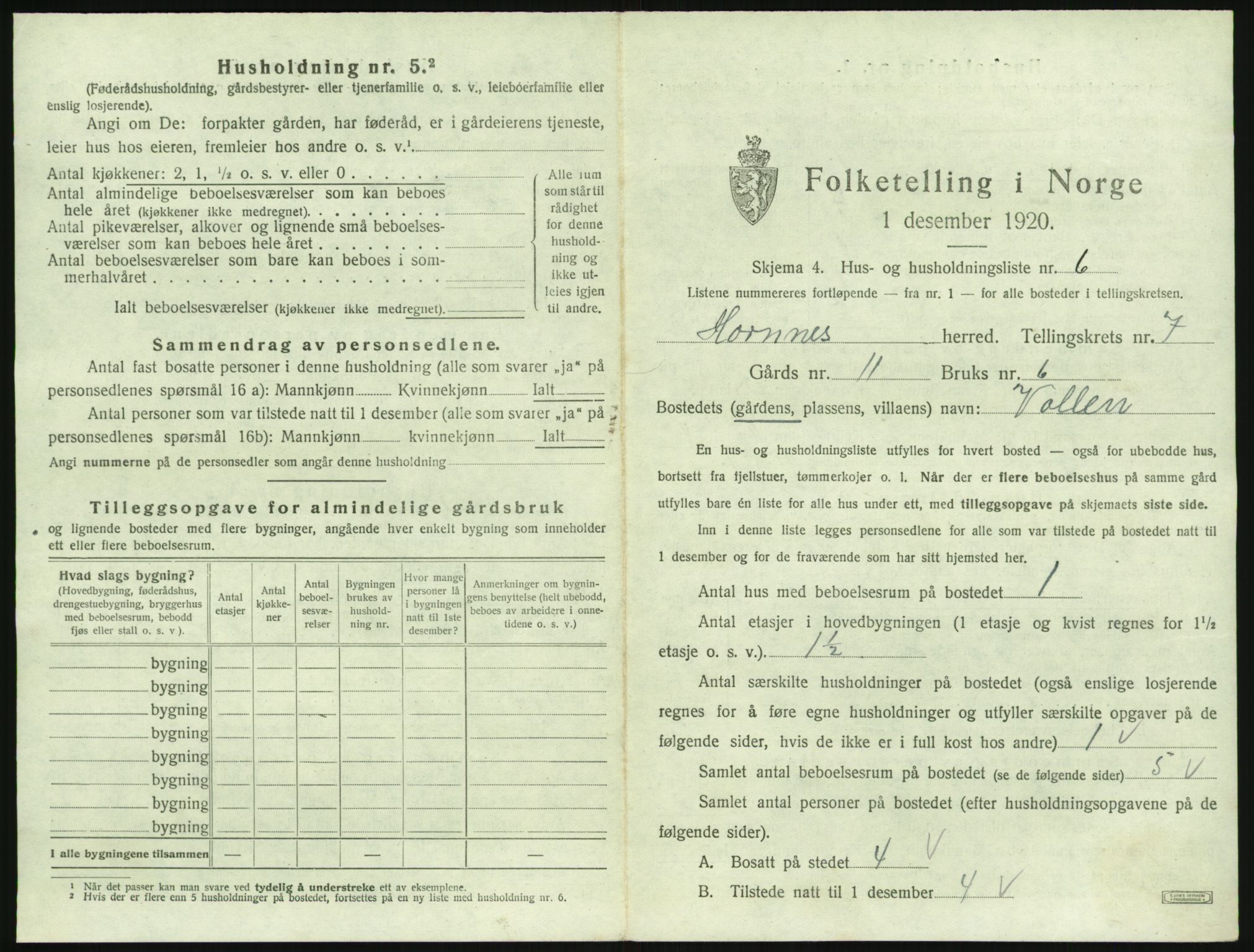 SAK, 1920 census for Hornnes, 1920, p. 273