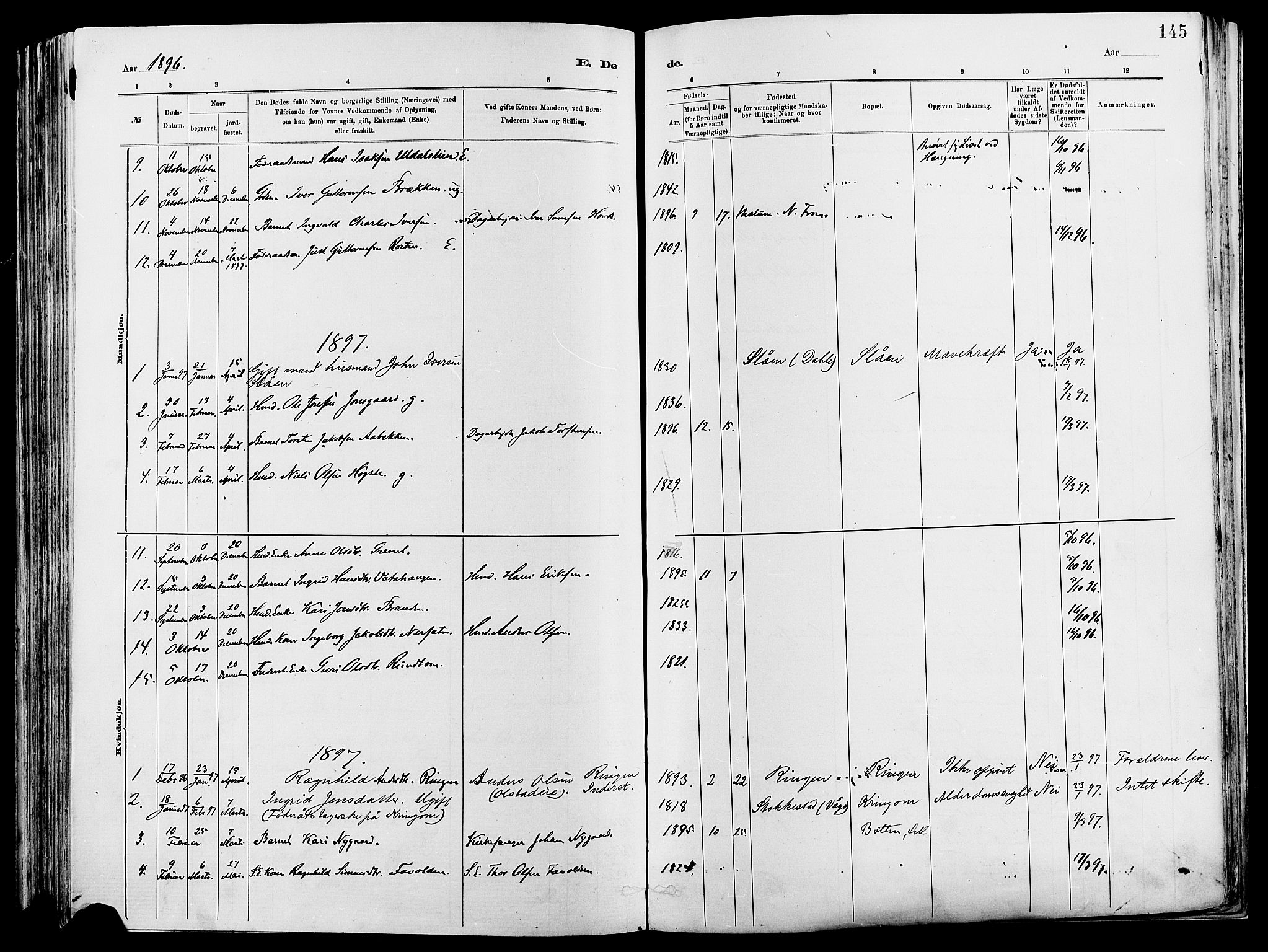 Vågå prestekontor, SAH/PREST-076/H/Ha/Haa/L0008: Parish register (official) no. 8, 1886-1904, p. 145