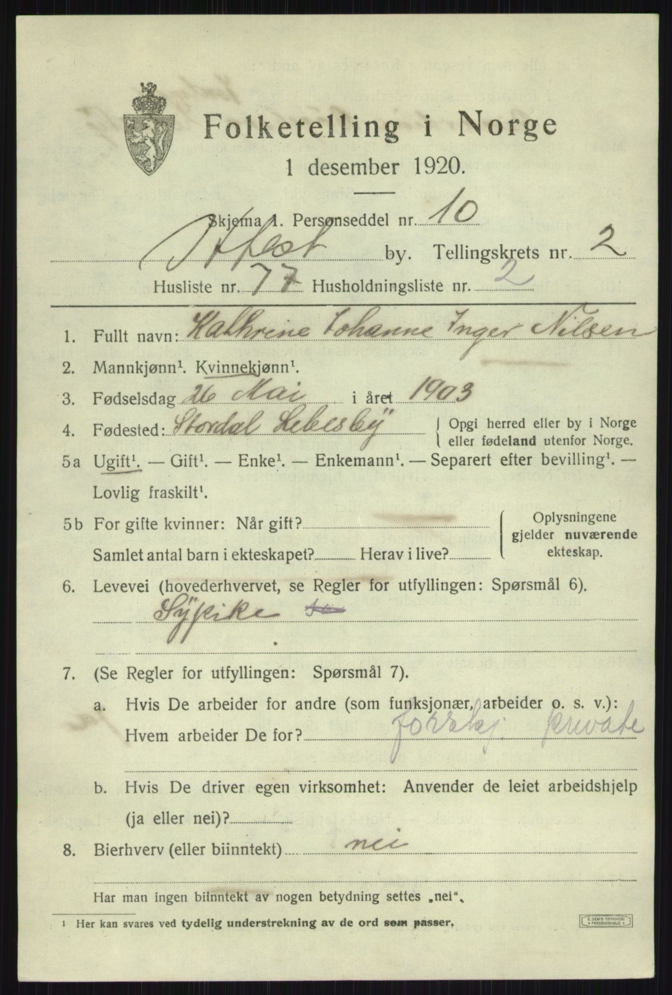 SATØ, 1920 census for Hammerfest, 1920, p. 7587
