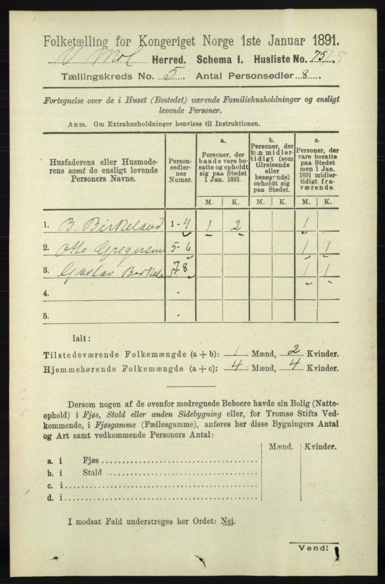 RA, 1891 census for 0926 Vestre Moland, 1891, p. 1835