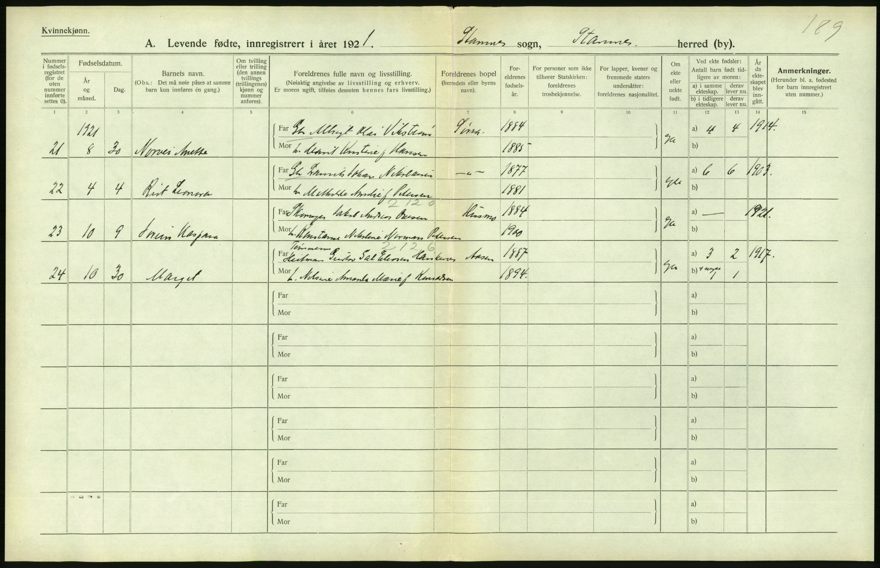 Statistisk sentralbyrå, Sosiodemografiske emner, Befolkning, AV/RA-S-2228/D/Df/Dfc/Dfca/L0049: Nordland fylke: Levendefødte menn og kvinner. Bygder., 1921, p. 70