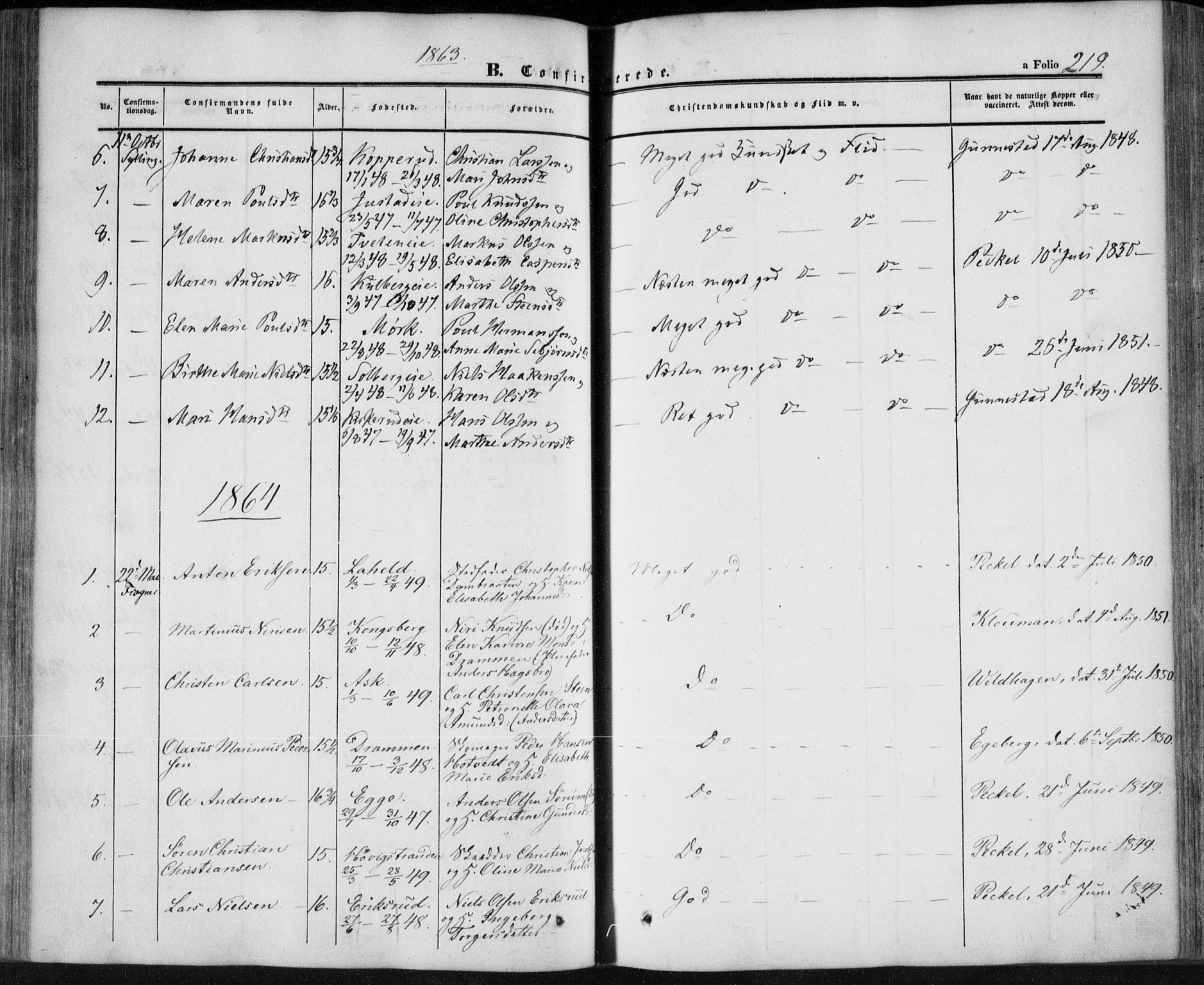 Lier kirkebøker, AV/SAKO-A-230/F/Fa/L0012: Parish register (official) no. I 12, 1854-1864, p. 219