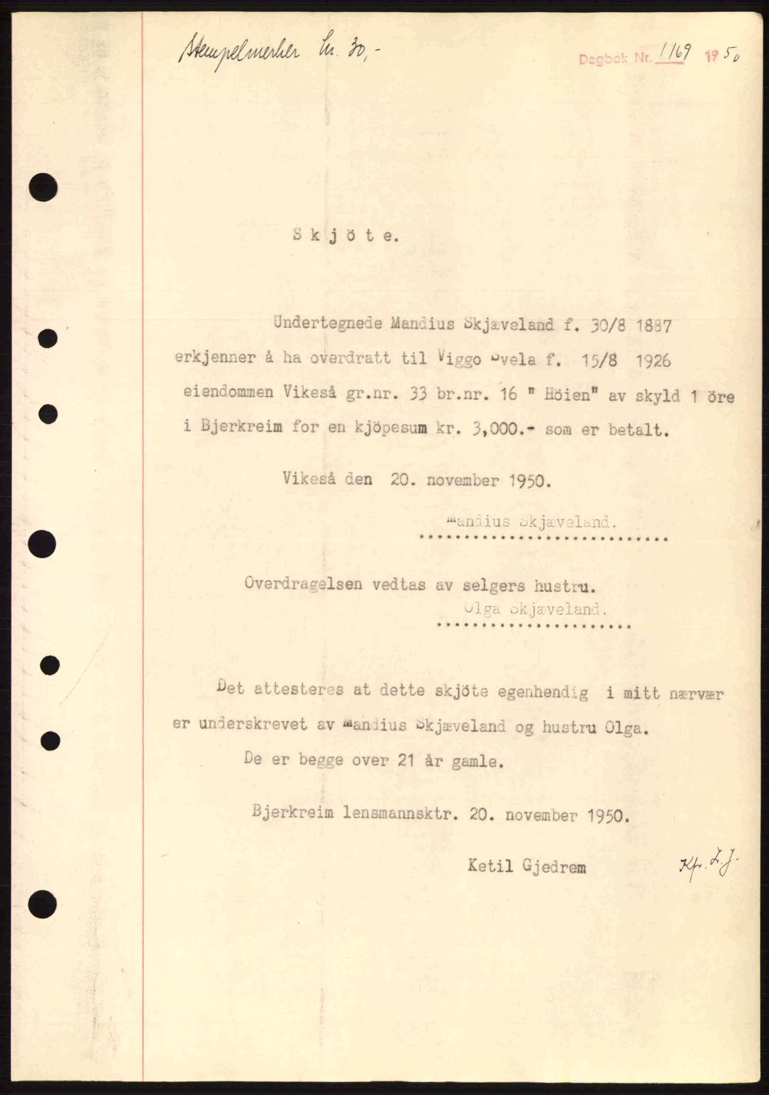 Dalane sorenskriveri, SAST/A-100309/02/G/Gb/L0055: Mortgage book no. A15, 1950-1950, Diary no: : 1169/1950