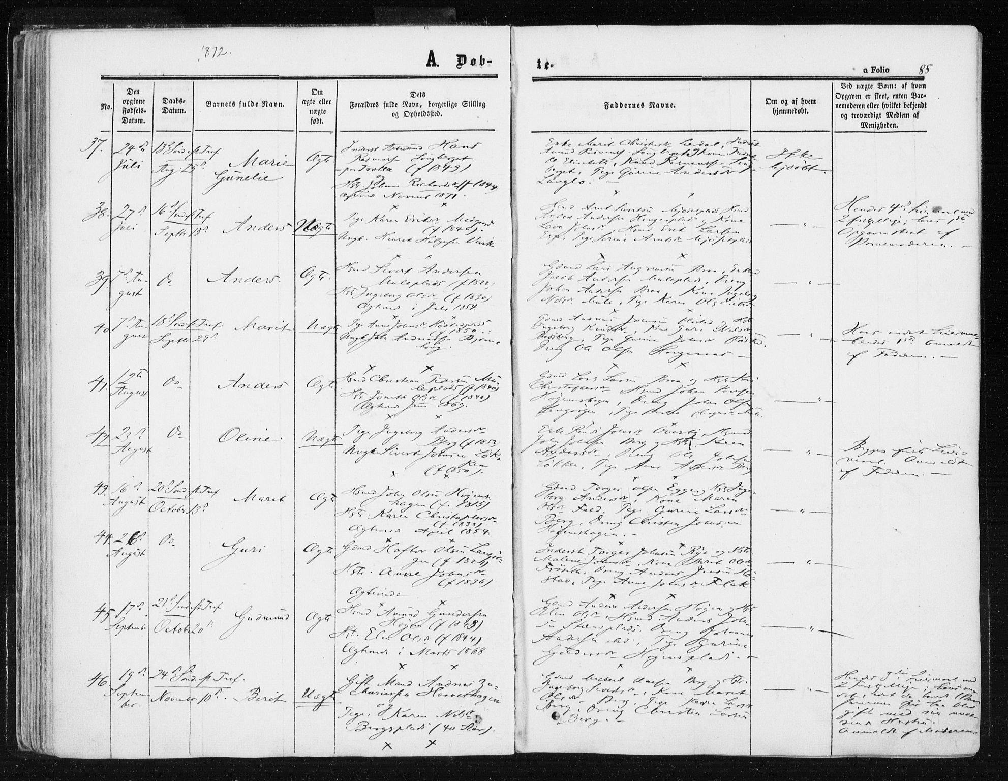 Ministerialprotokoller, klokkerbøker og fødselsregistre - Sør-Trøndelag, SAT/A-1456/612/L0377: Parish register (official) no. 612A09, 1859-1877, p. 85