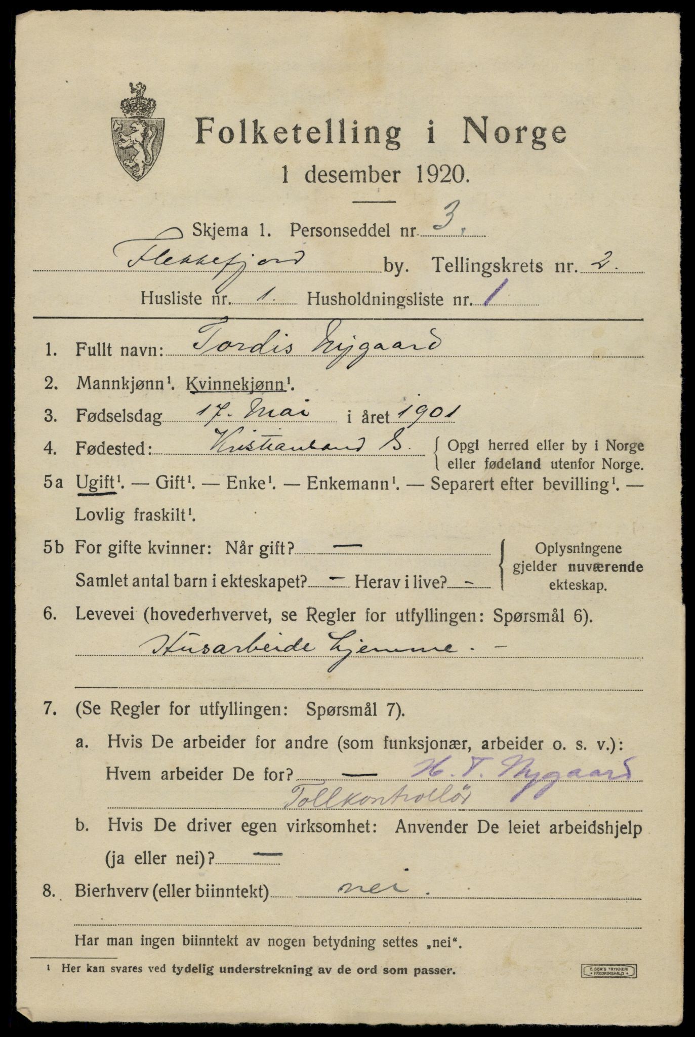 SAK, 1920 census for Flekkefjord, 1920, p. 2496