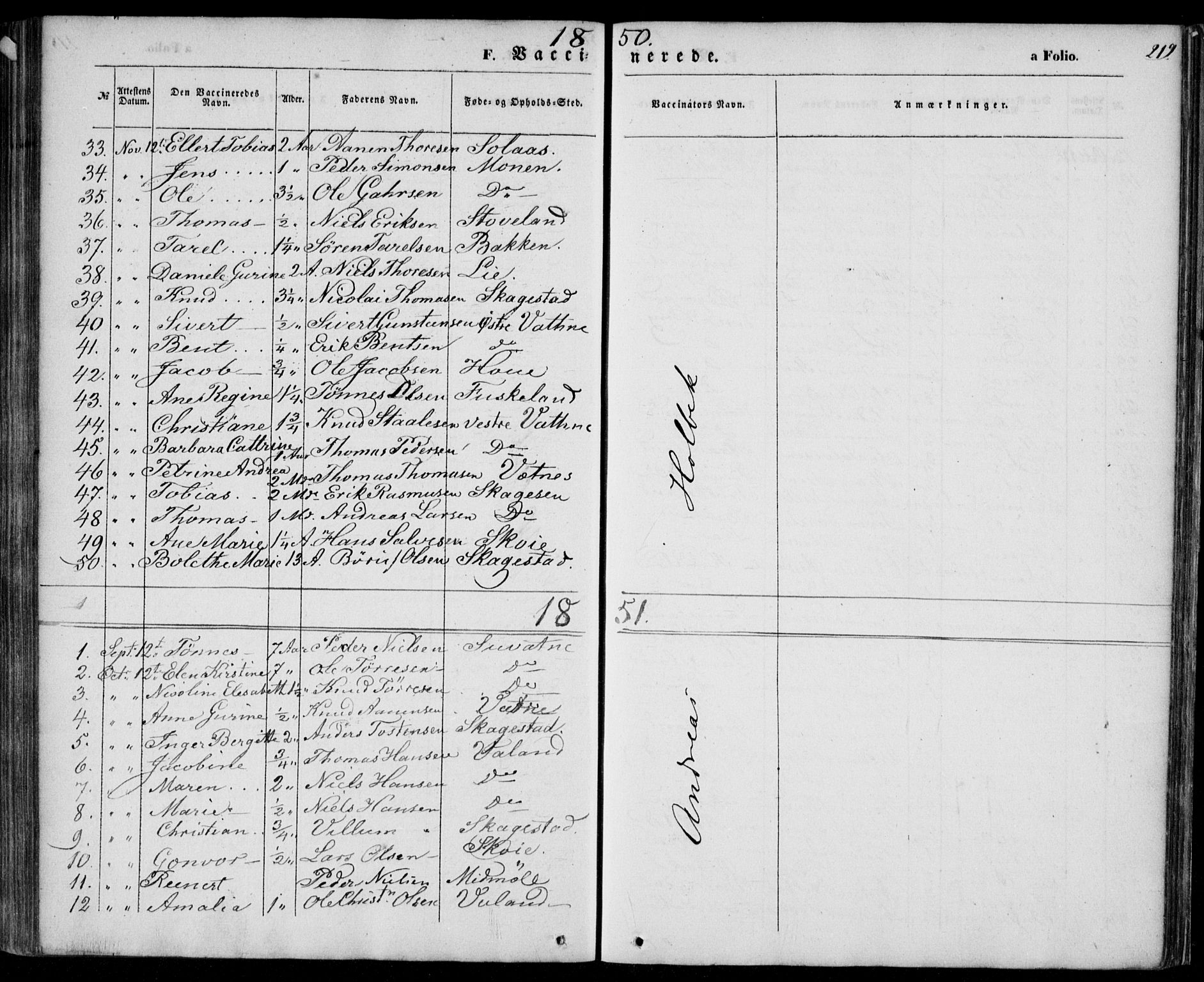 Holum sokneprestkontor, AV/SAK-1111-0022/F/Fa/Faa/L0005: Parish register (official) no. A 5, 1850-1864, p. 219