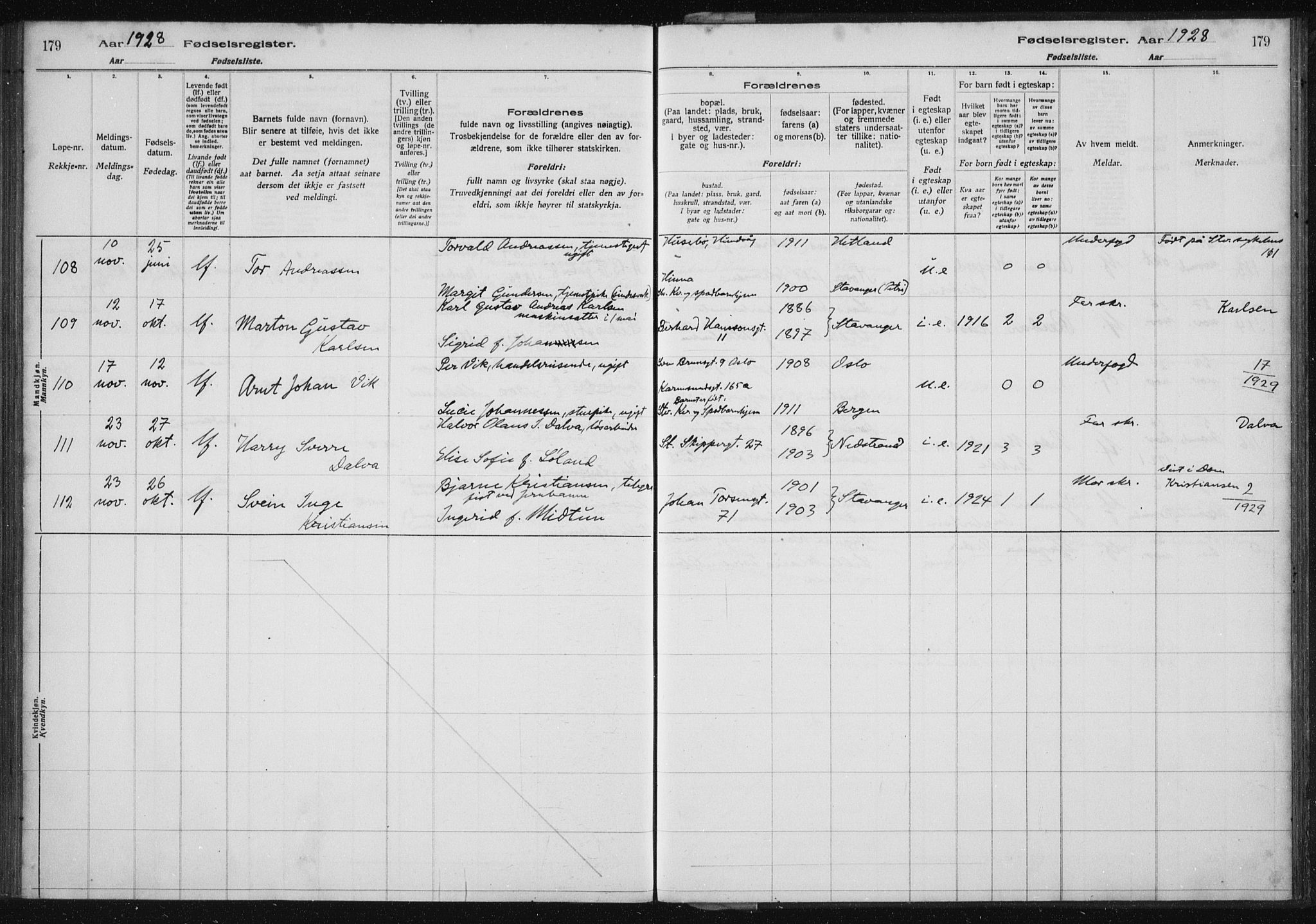 St. Petri sokneprestkontor, AV/SAST-A-101813/002/A/L0002: Birth register no. 2, 1922-1929, p. 179