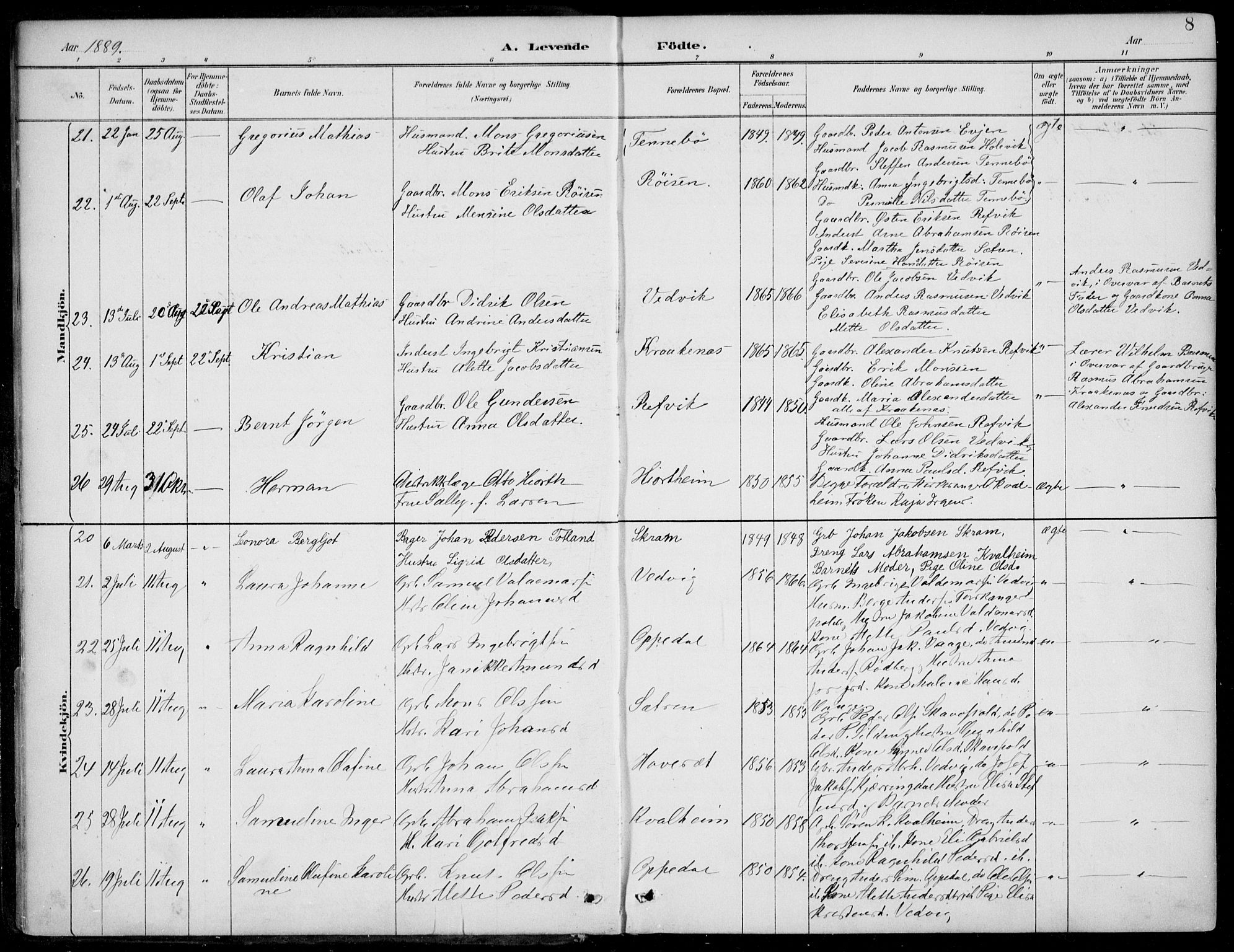 Selje sokneprestembete, SAB/A-99938/H/Ha/Haa/Haac/L0002: Parish register (official) no. C  2, 1889-1904, p. 8