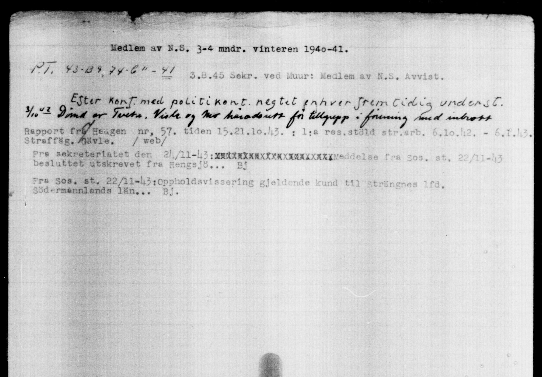 Utenriksstasjonene, Legasjonen i Stockholm, Flyktningkontoret, AV/RA-S-6753/V/Va/L0004: Kjesäterkartoteket, flyktninger med registreringsnr. 3496-6610, 1940-1945, p. 1326