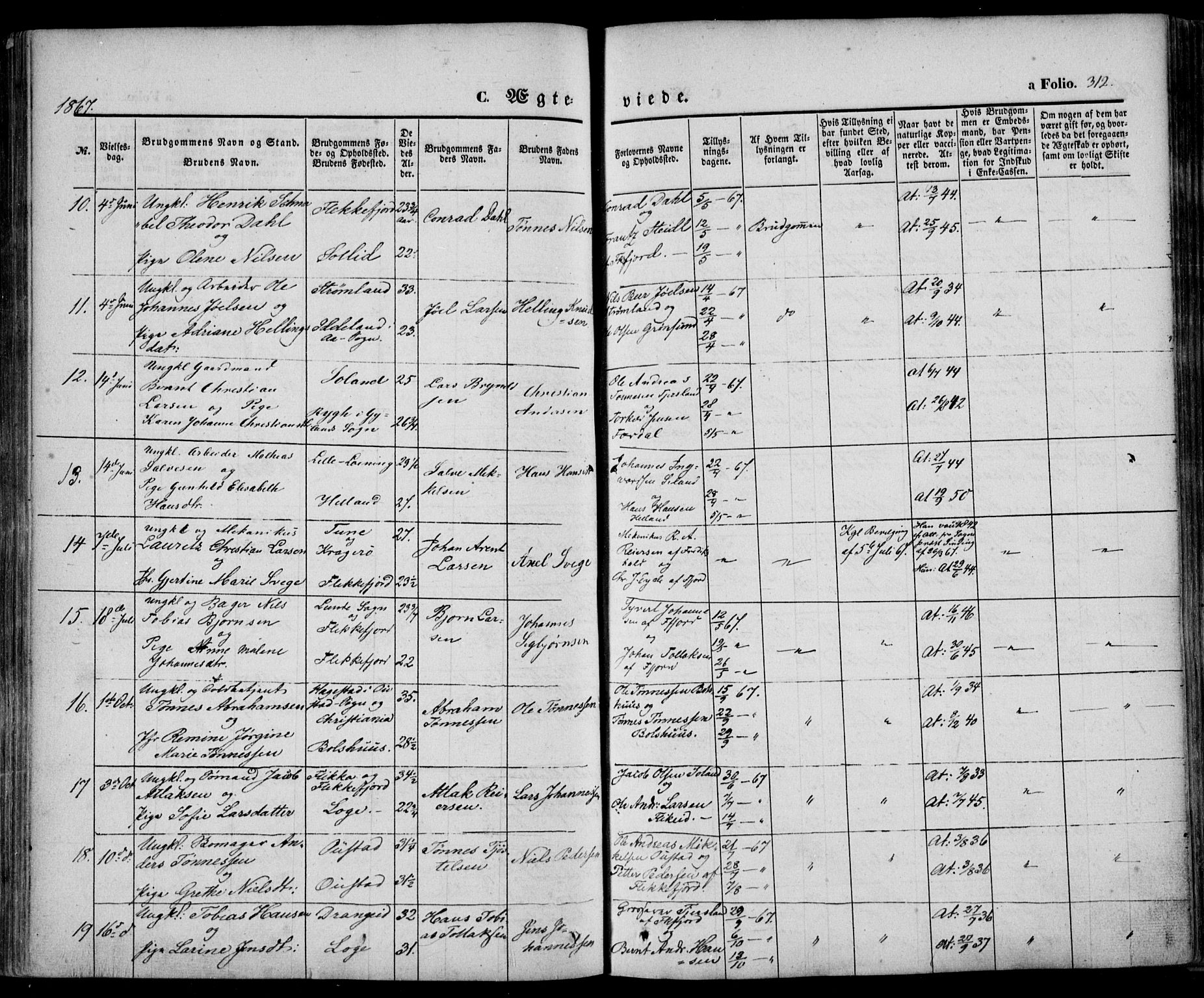 Flekkefjord sokneprestkontor, SAK/1111-0012/F/Fa/Fac/L0005: Parish register (official) no. A 5, 1849-1875, p. 312