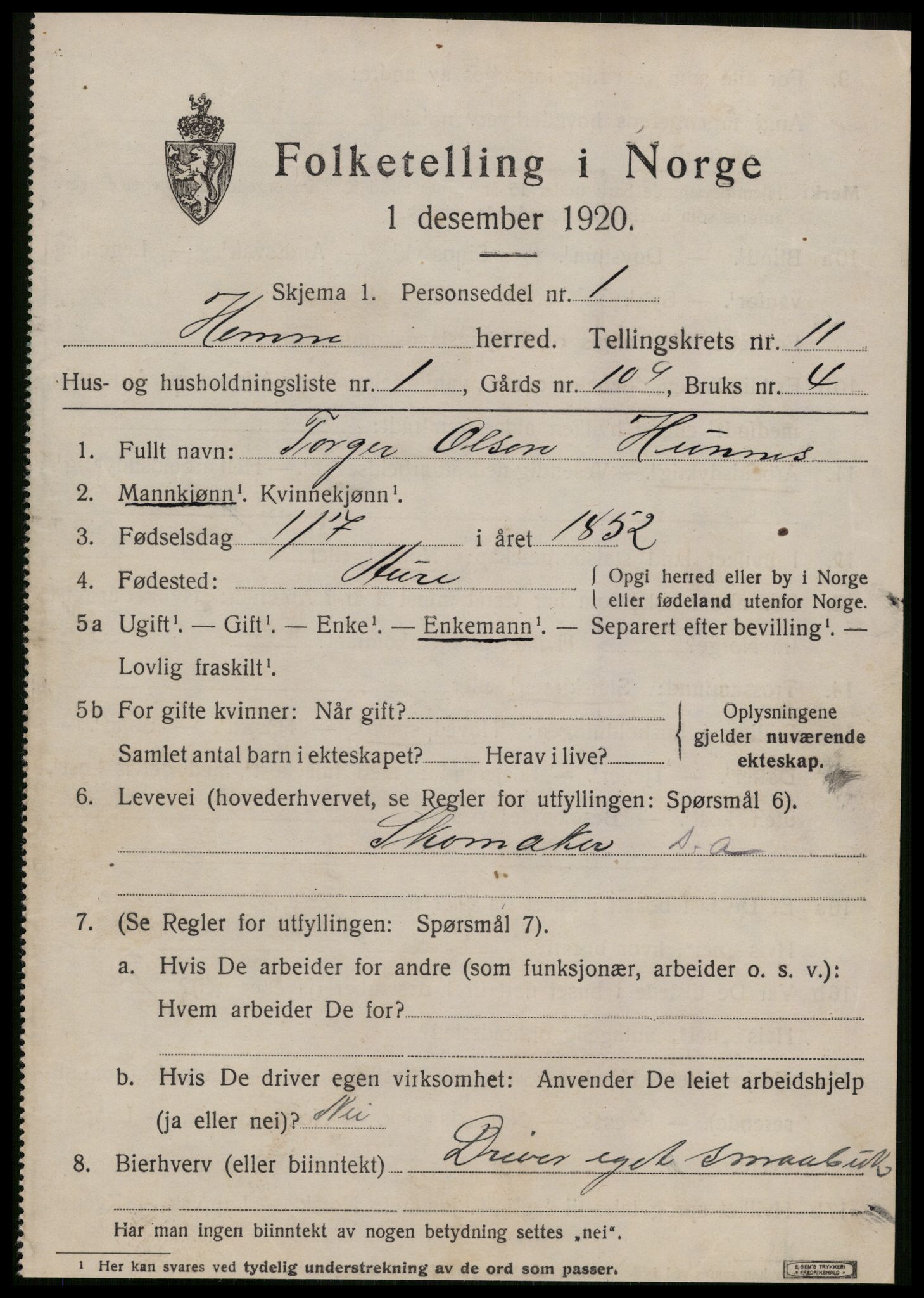 SAT, 1920 census for Hemne, 1920, p. 6506