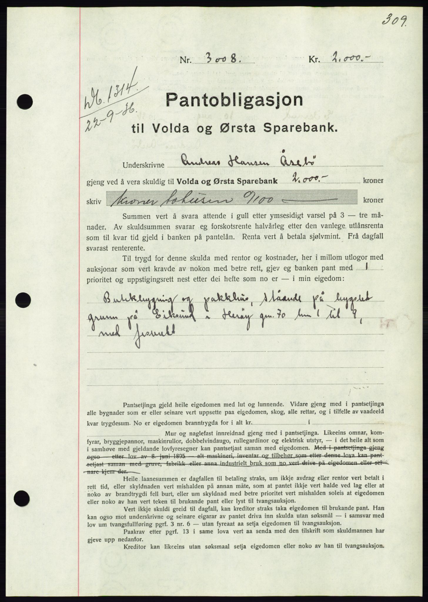 Søre Sunnmøre sorenskriveri, AV/SAT-A-4122/1/2/2C/L0061: Mortgage book no. 55, 1936-1936, Diary no: : 1314/1936