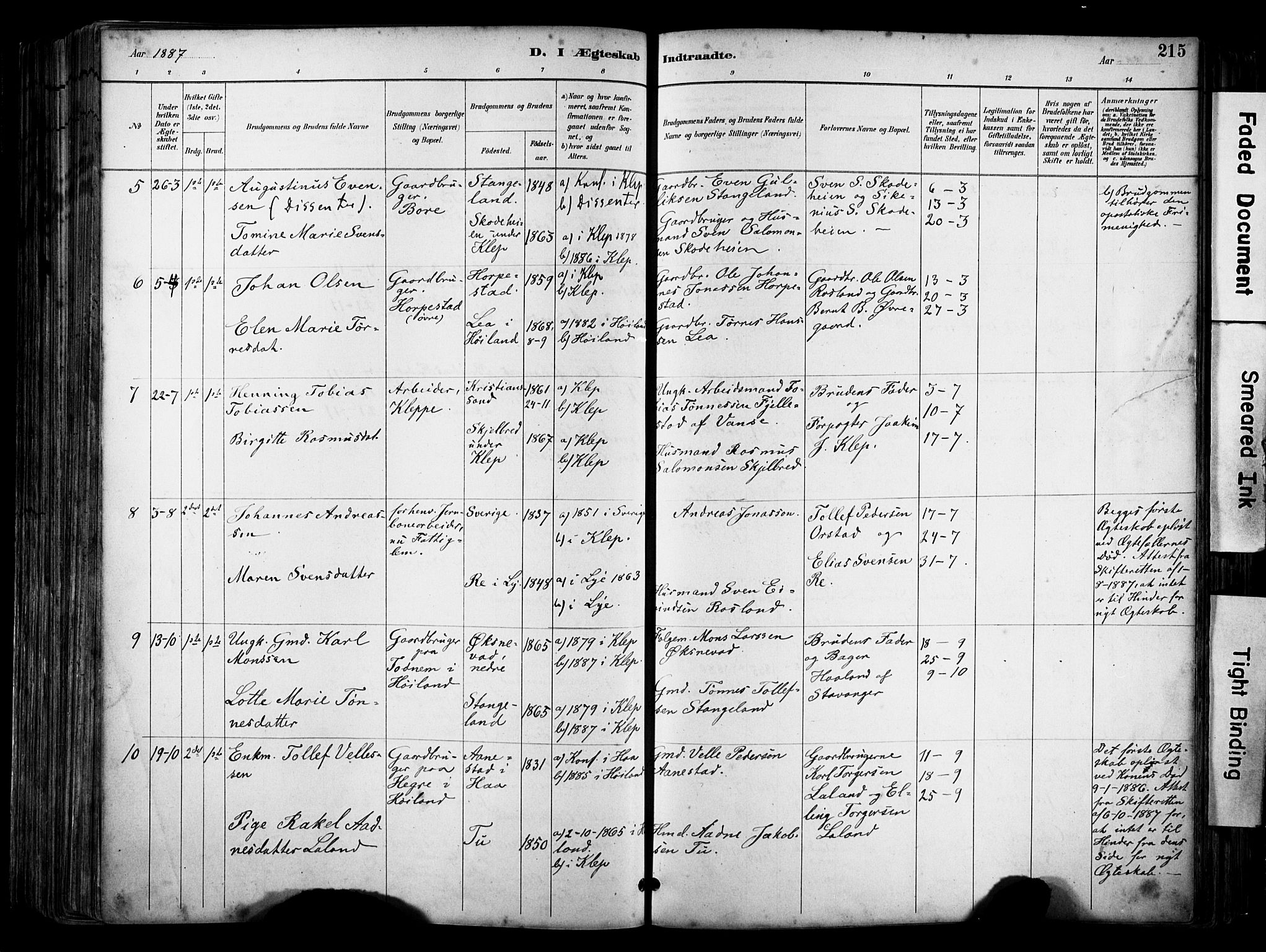 Klepp sokneprestkontor, SAST/A-101803/001/3/30BA/L0009: Parish register (official) no. A 7, 1886-1915, p. 215
