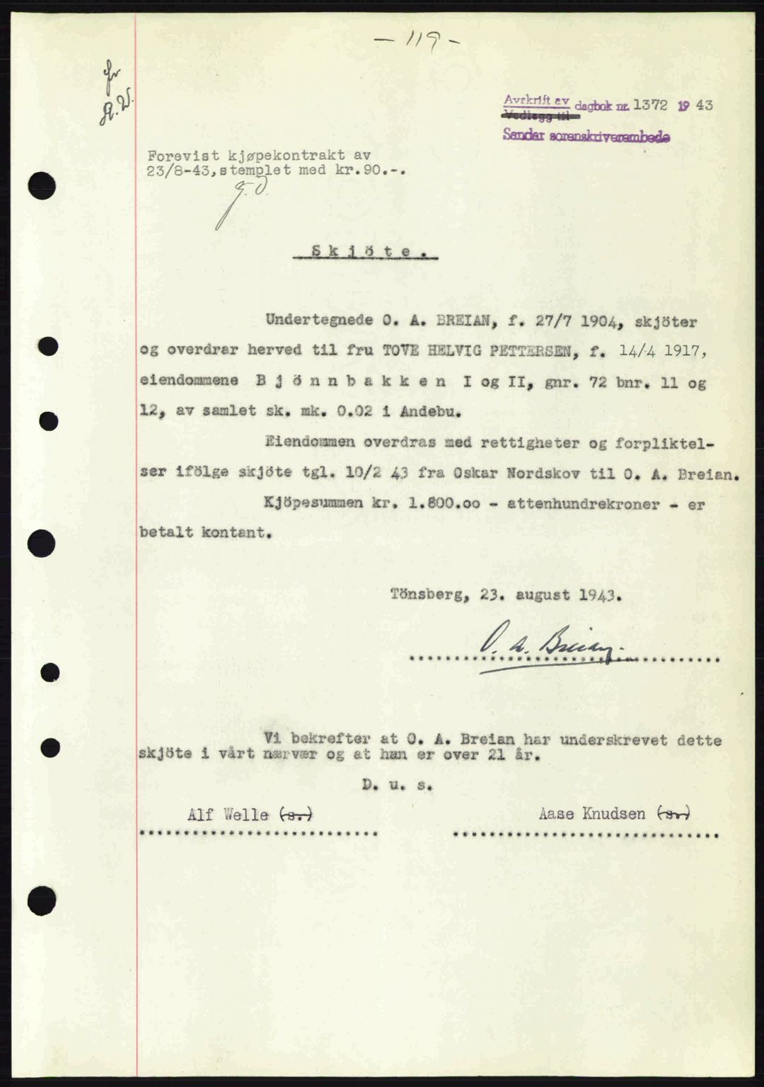 Jarlsberg sorenskriveri, SAKO/A-131/G/Ga/Gaa/L0014: Mortgage book no. A-14, 1943-1943, Diary no: : 1372/1943