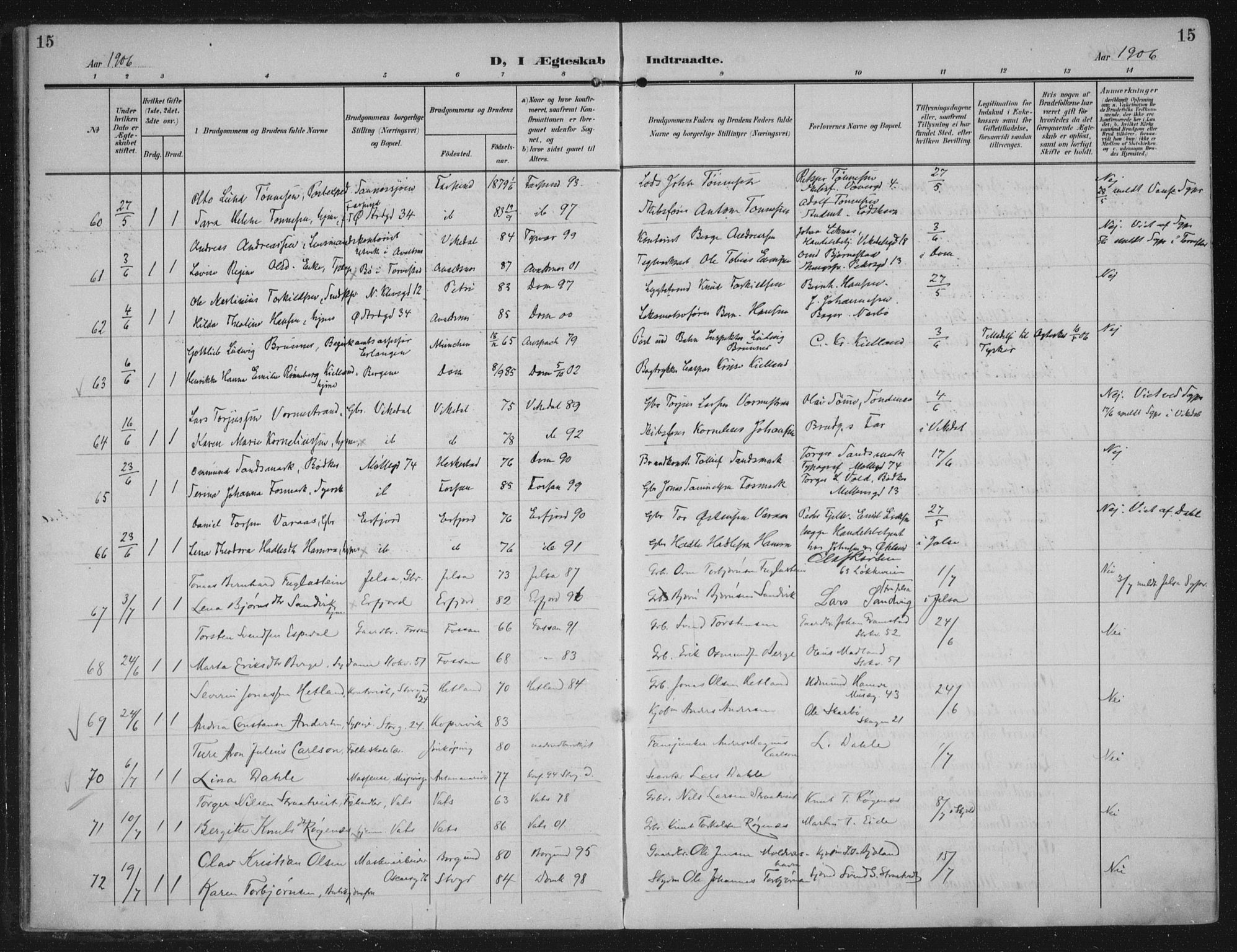 Domkirken sokneprestkontor, AV/SAST-A-101812/002/A/L0016: Parish register (official) no. A 33, 1905-1922, p. 15