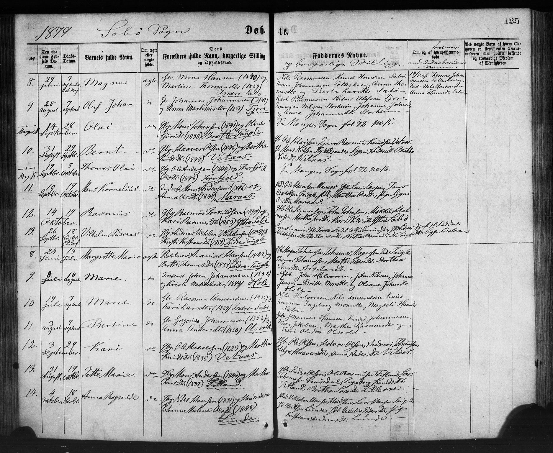 Manger sokneprestembete, SAB/A-76801/H/Haa: Parish register (official) no. A 8, 1871-1880, p. 125