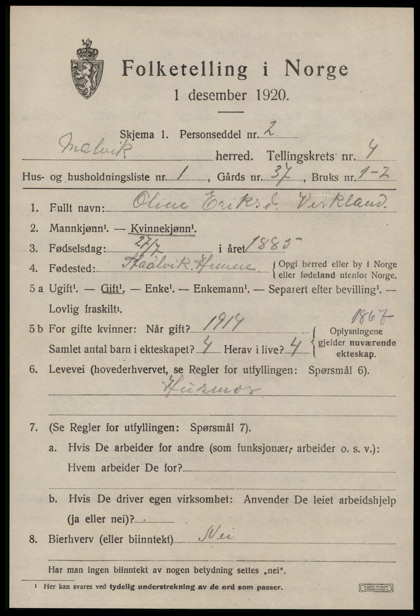 SAT, 1920 census for Malvik, 1920, p. 2570