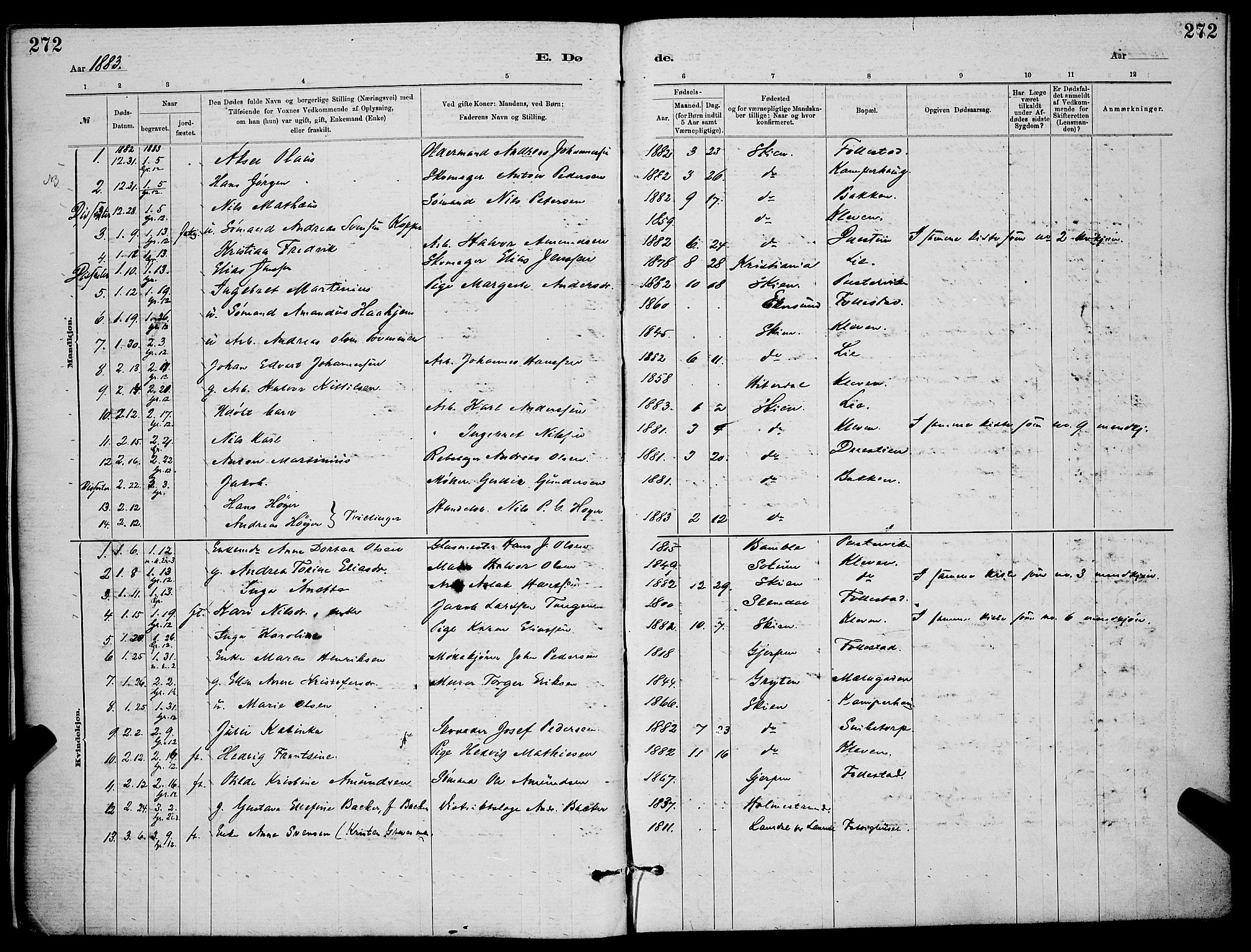 Skien kirkebøker, SAKO/A-302/G/Ga/L0006: Parish register (copy) no. 6, 1881-1890, p. 272