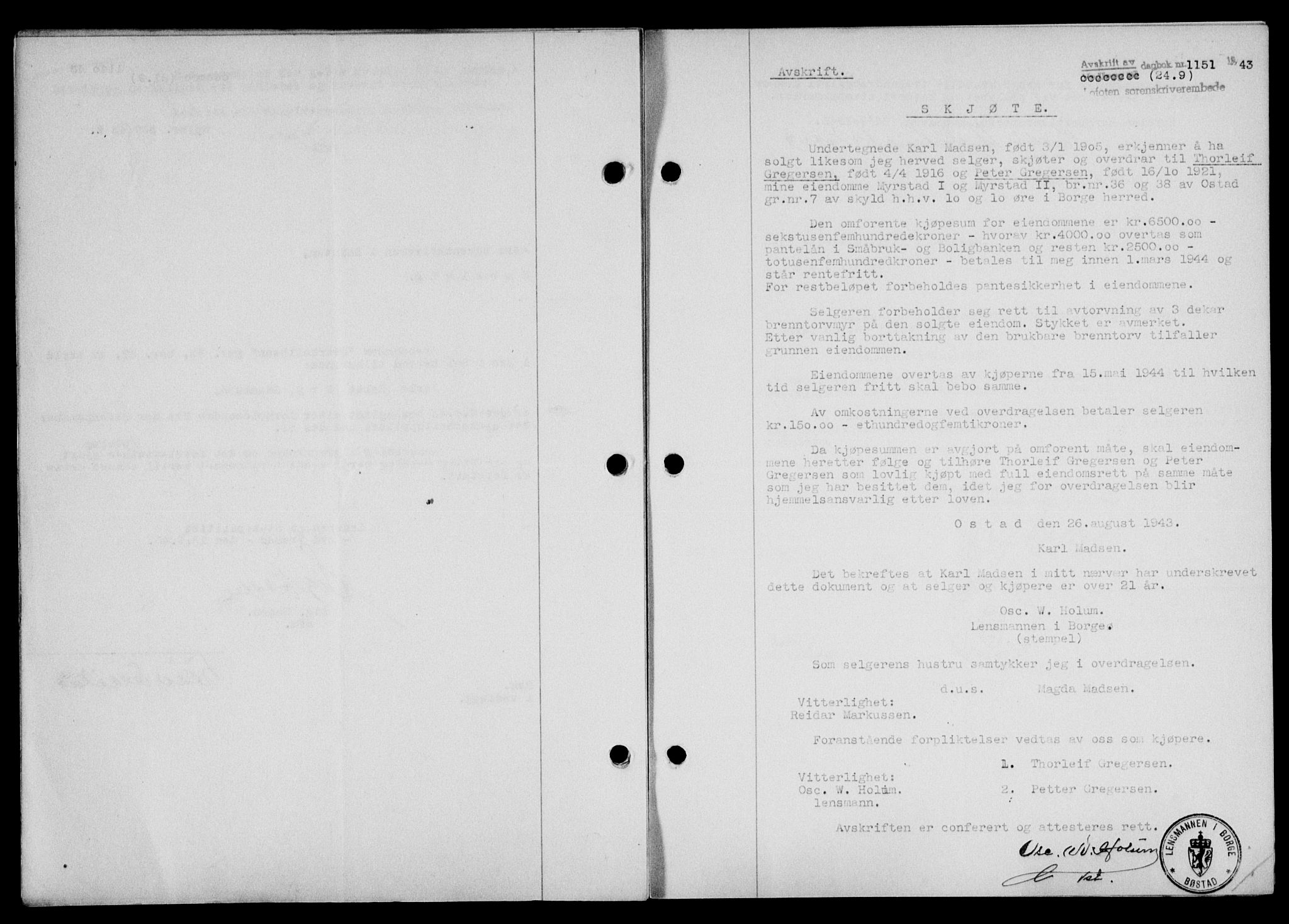 Lofoten sorenskriveri, SAT/A-0017/1/2/2C/L0011a: Mortgage book no. 11a, 1943-1943, Diary no: : 1151/1943