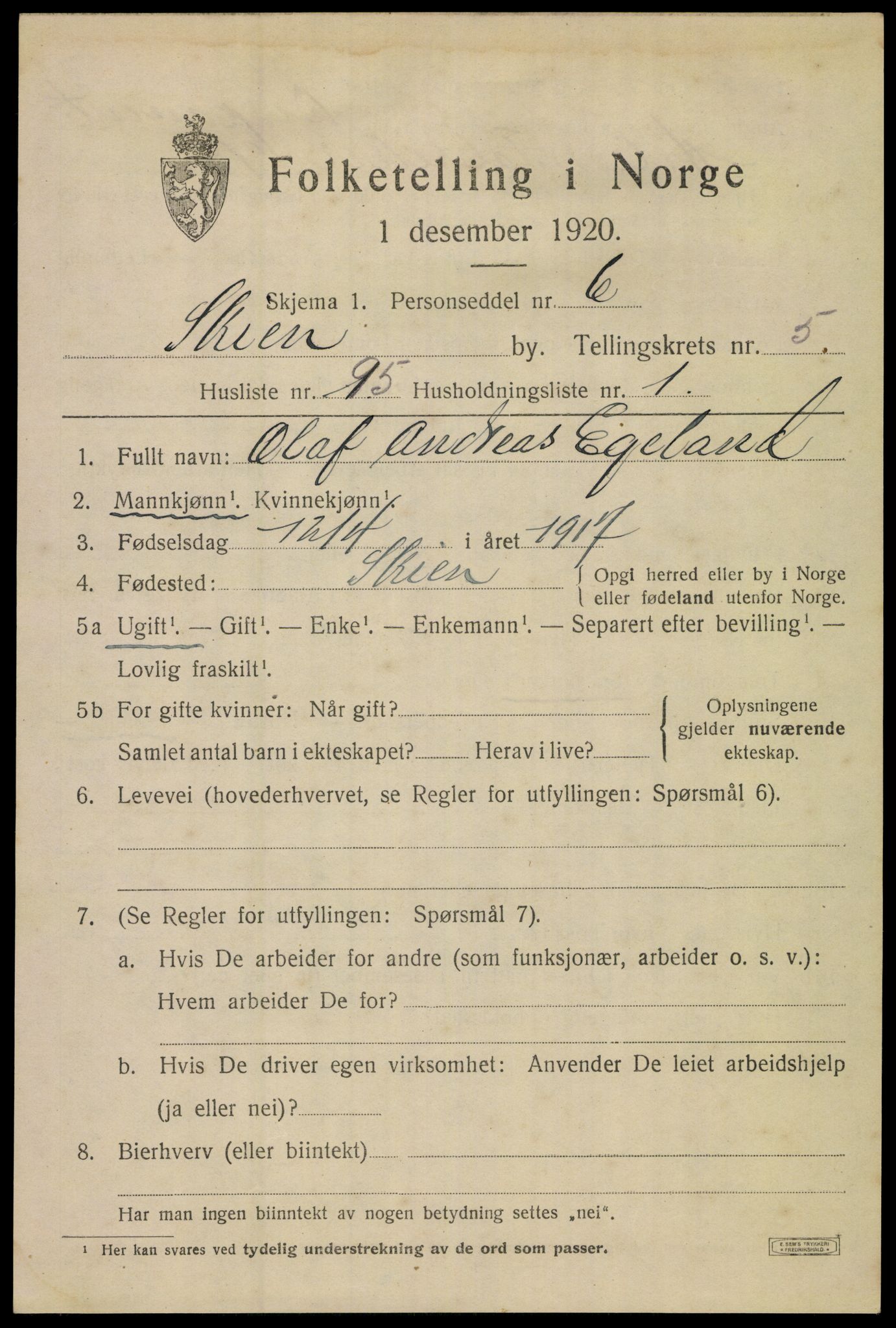 SAKO, 1920 census for Skien, 1920, p. 21222