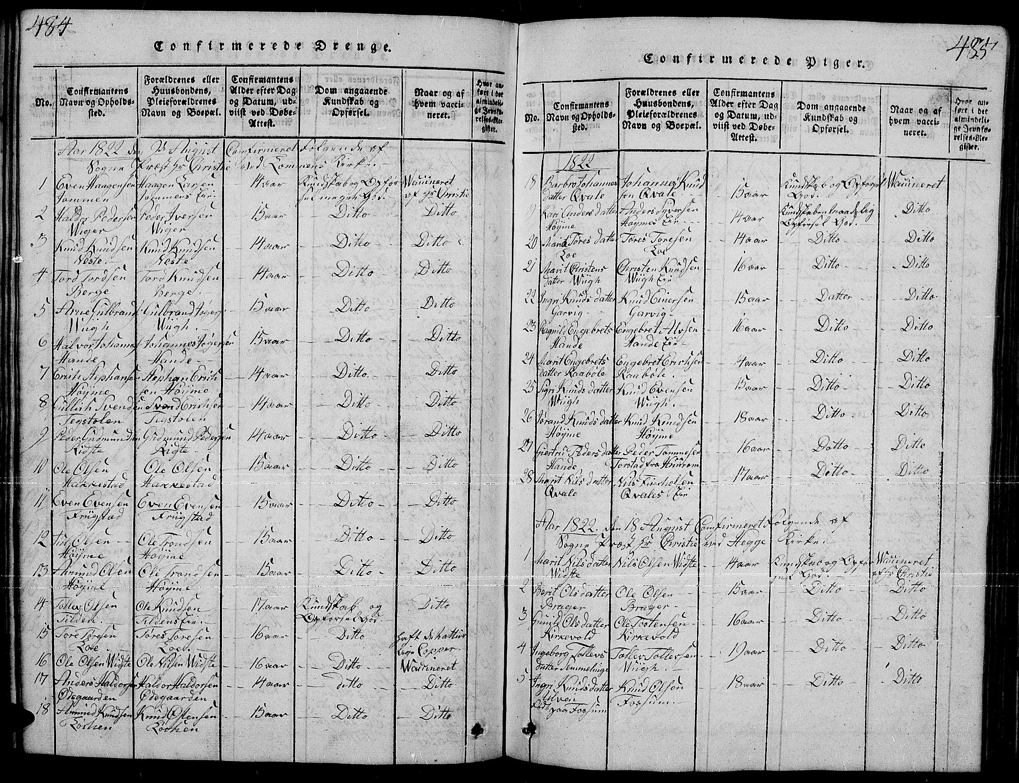 Slidre prestekontor, SAH/PREST-134/H/Ha/Hab/L0001: Parish register (copy) no. 1, 1814-1838, p. 484-485