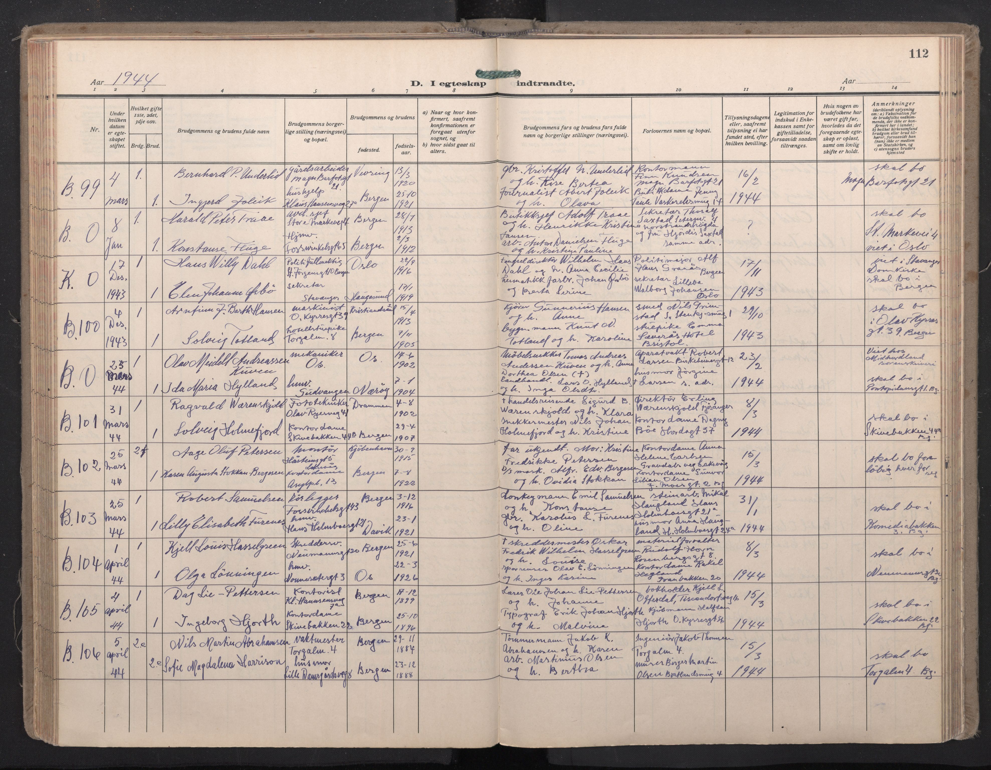 Domkirken sokneprestembete, SAB/A-74801/H/Haa: Parish register (official) no. D 7, 1937-1950, p. 111b-112a