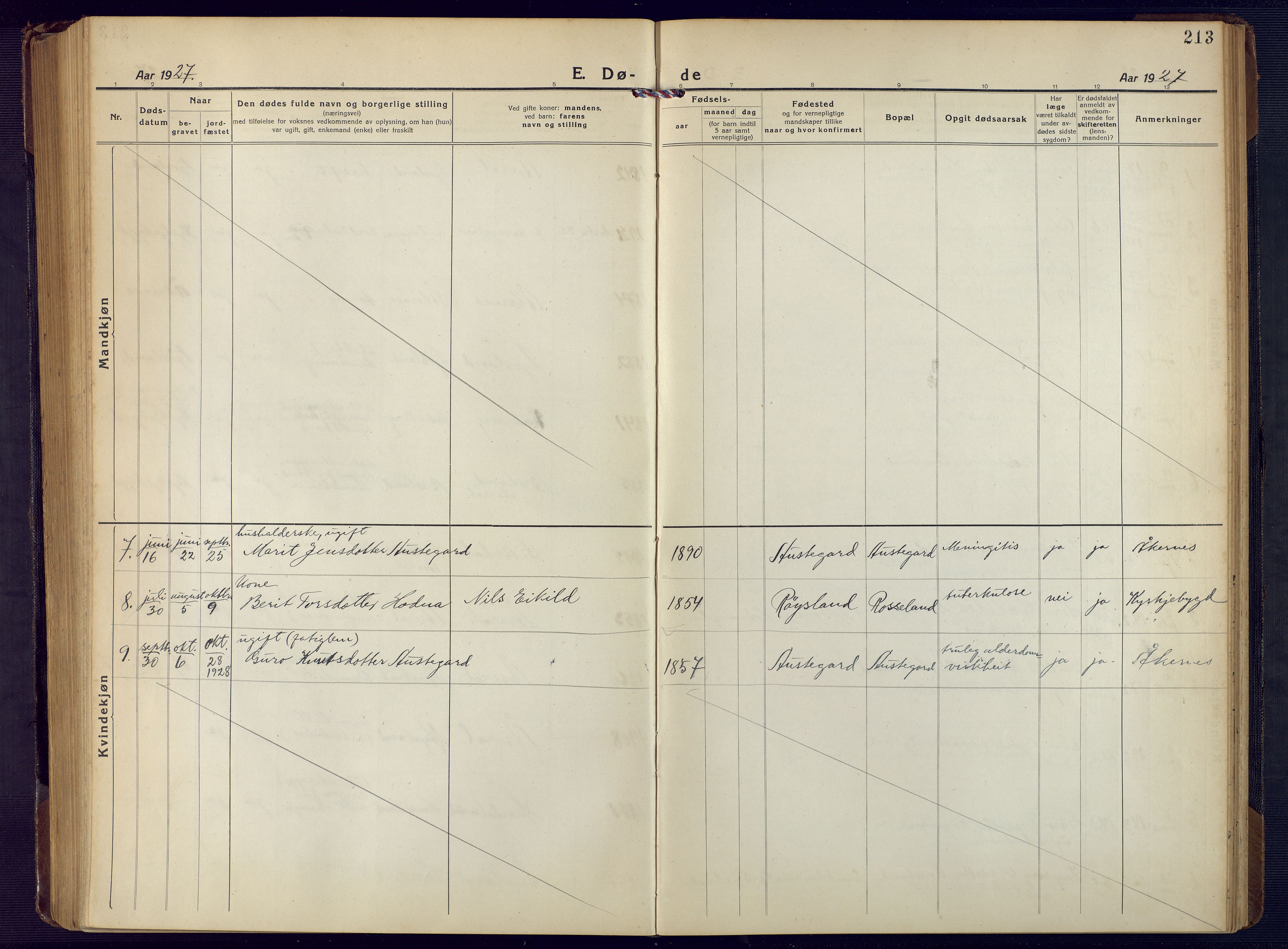 Åseral sokneprestkontor, SAK/1111-0051/F/Fb/L0004: Parish register (copy) no. B 4, 1920-1946, p. 213