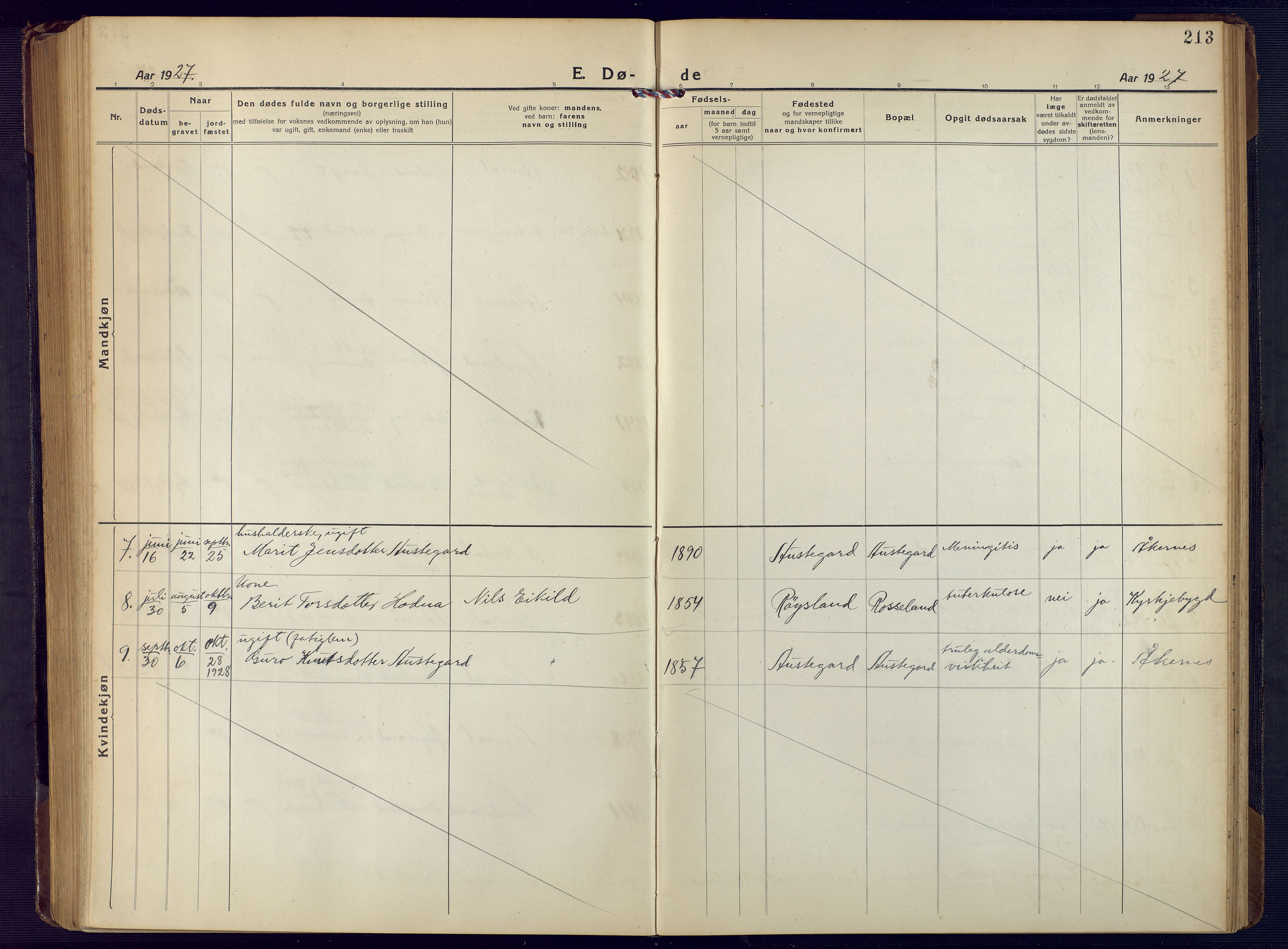 Åseral sokneprestkontor, AV/SAK-1111-0051/F/Fb/L0004: Parish register (copy) no. B 4, 1920-1946, p. 213