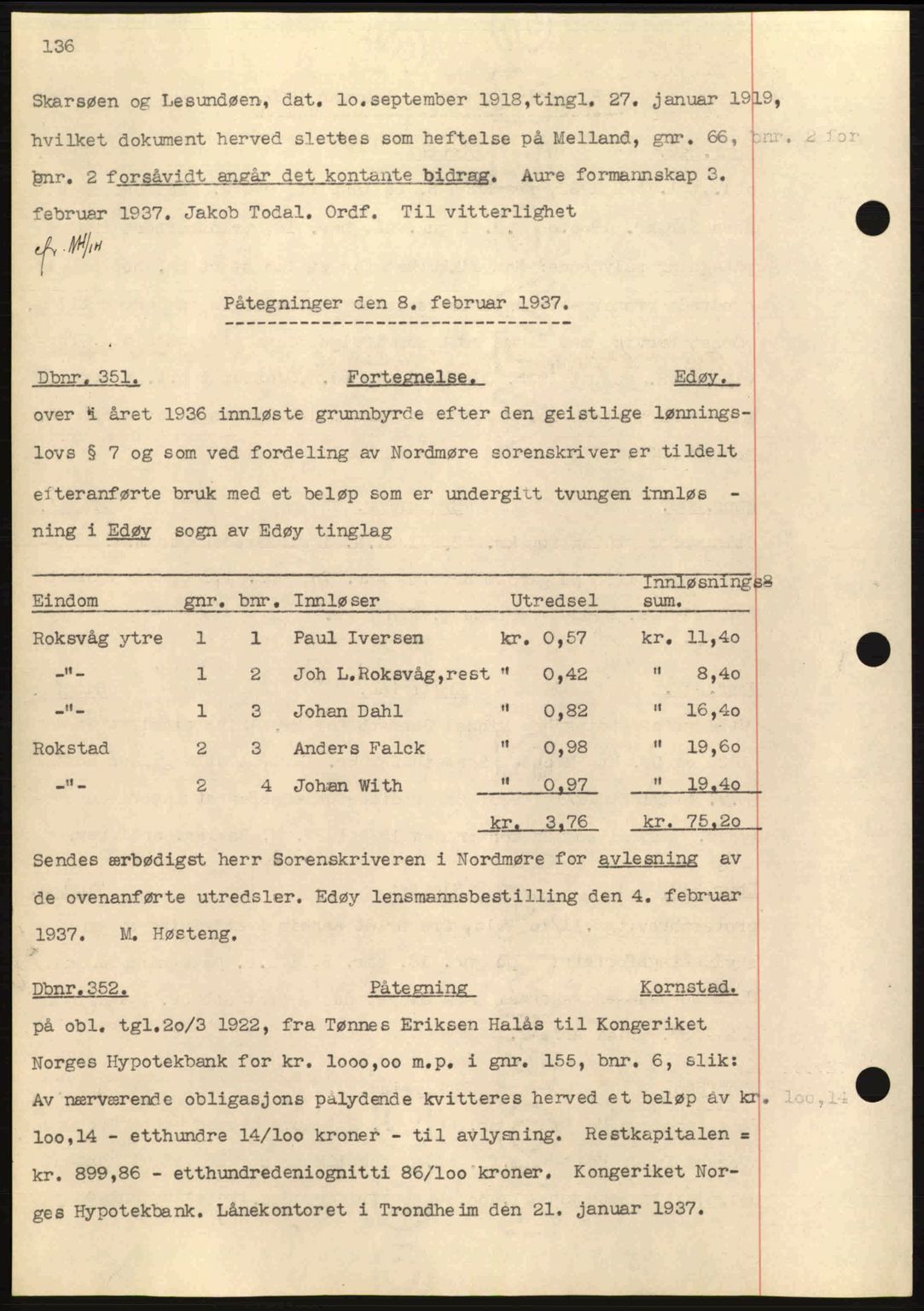 Nordmøre sorenskriveri, AV/SAT-A-4132/1/2/2Ca: Mortgage book no. C80, 1936-1939, Diary no: : 351/1937