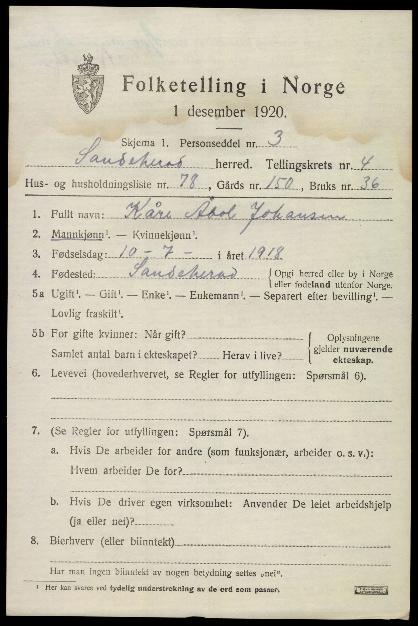 SAKO, 1920 census for Sandeherred, 1920, p. 7484