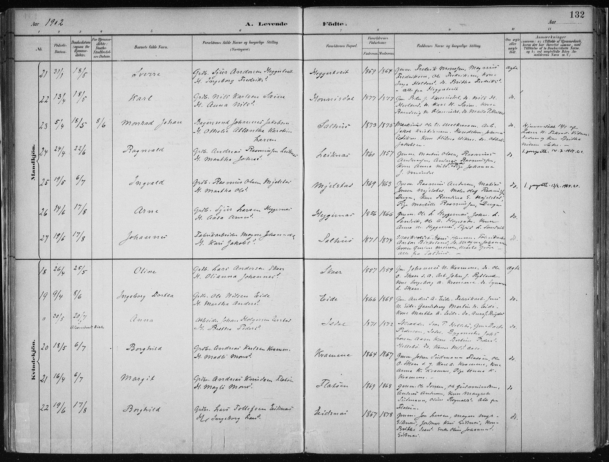 Hamre sokneprestembete, AV/SAB-A-75501/H/Ha/Haa/Haab/L0001: Parish register (official) no. B  1, 1882-1905, p. 132