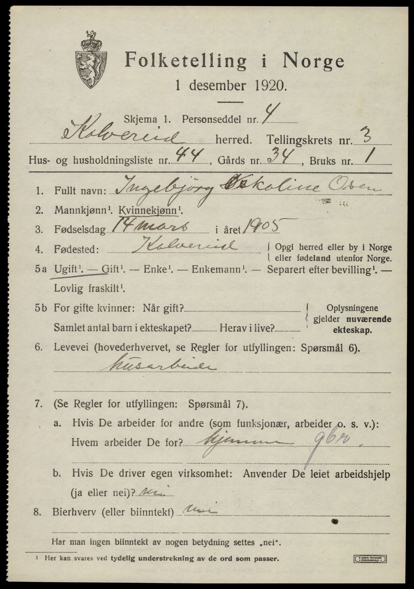 SAT, 1920 census for Kolvereid, 1920, p. 2445