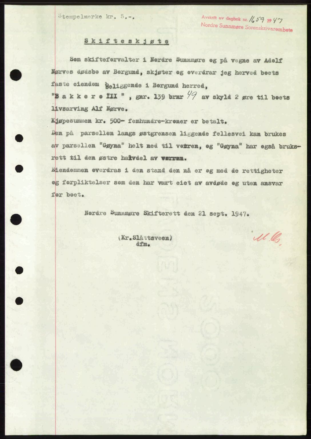 Nordre Sunnmøre sorenskriveri, AV/SAT-A-0006/1/2/2C/2Ca: Mortgage book no. A25, 1947-1947, Diary no: : 1659/1947