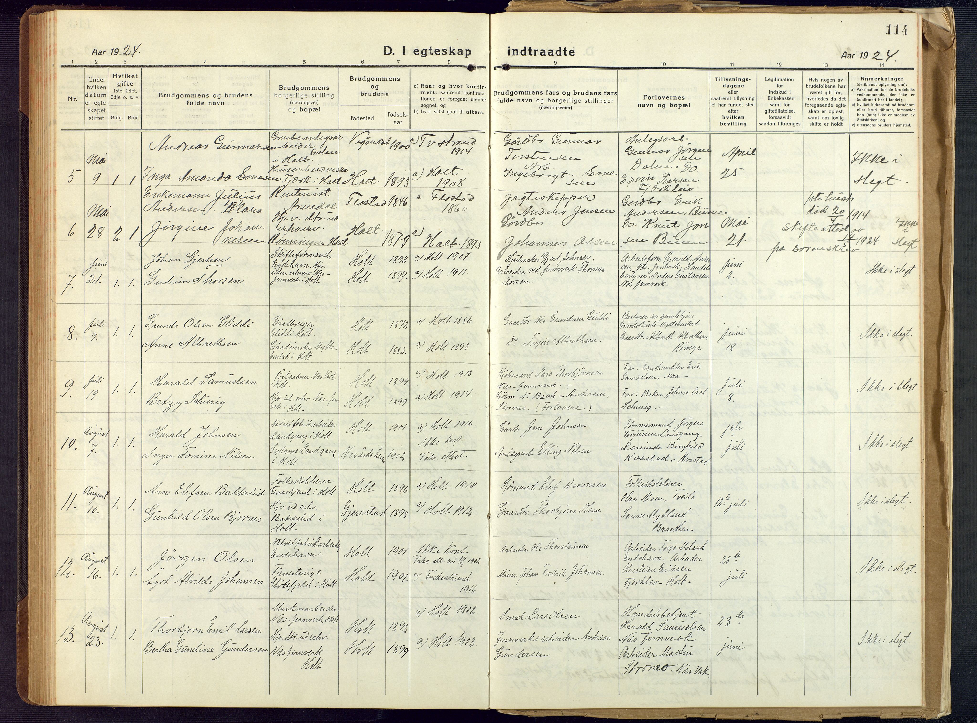 Holt sokneprestkontor, SAK/1111-0021/F/Fb/L0012: Parish register (copy) no. B 12, 1919-1944, p. 114