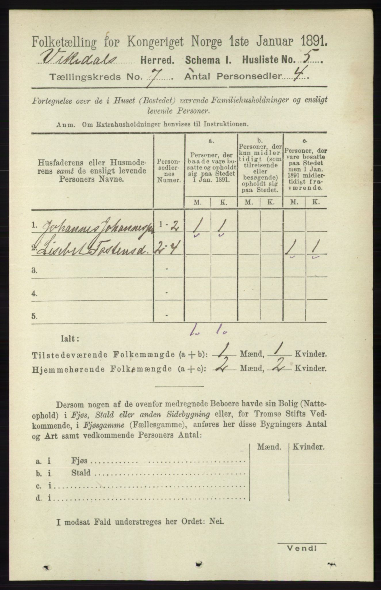 RA, 1891 census for 1157 Vikedal, 1891, p. 1997