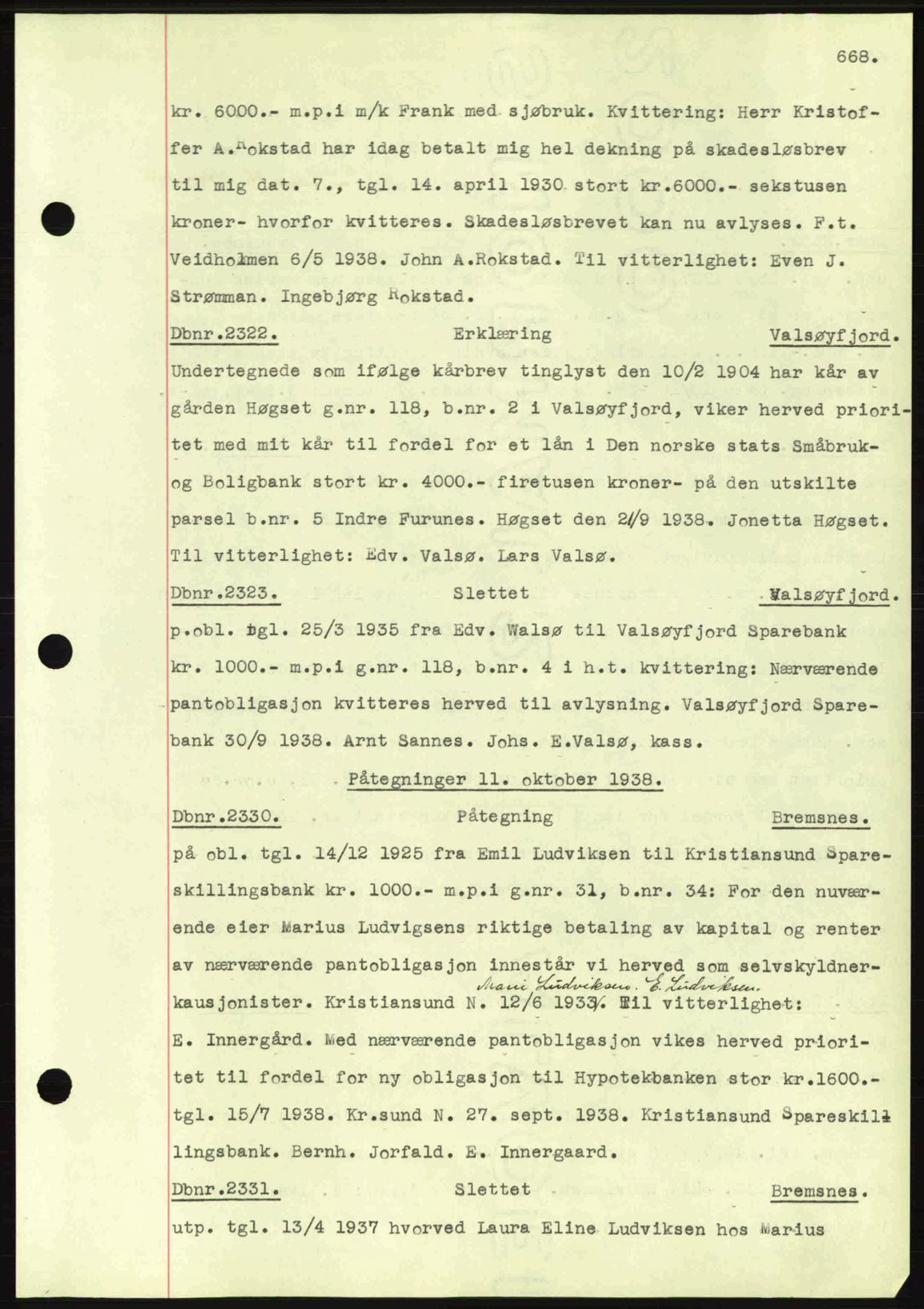 Nordmøre sorenskriveri, AV/SAT-A-4132/1/2/2Ca: Mortgage book no. C80, 1936-1939, Diary no: : 2322/1938