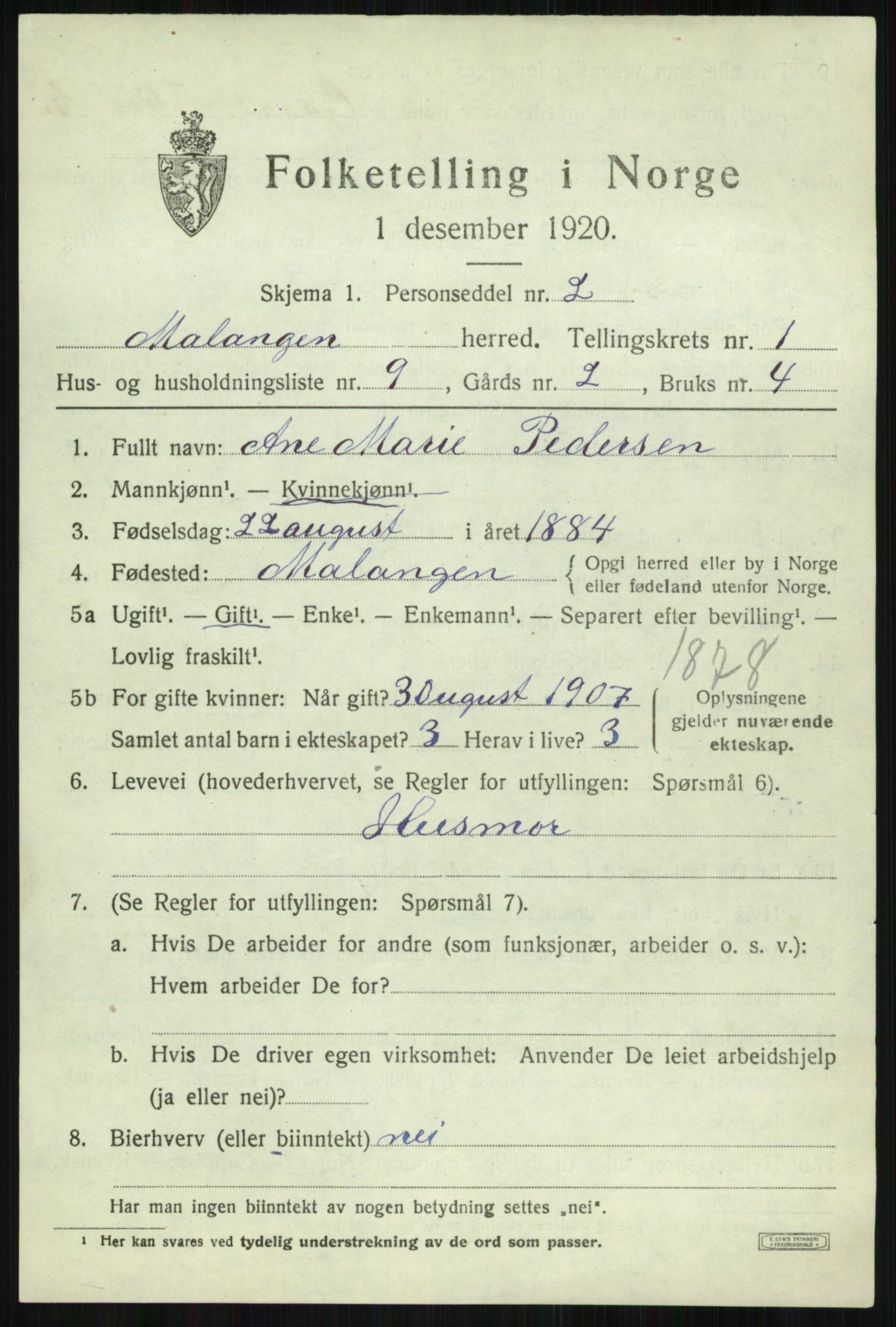 SATØ, 1920 census for Malangen, 1920, p. 802