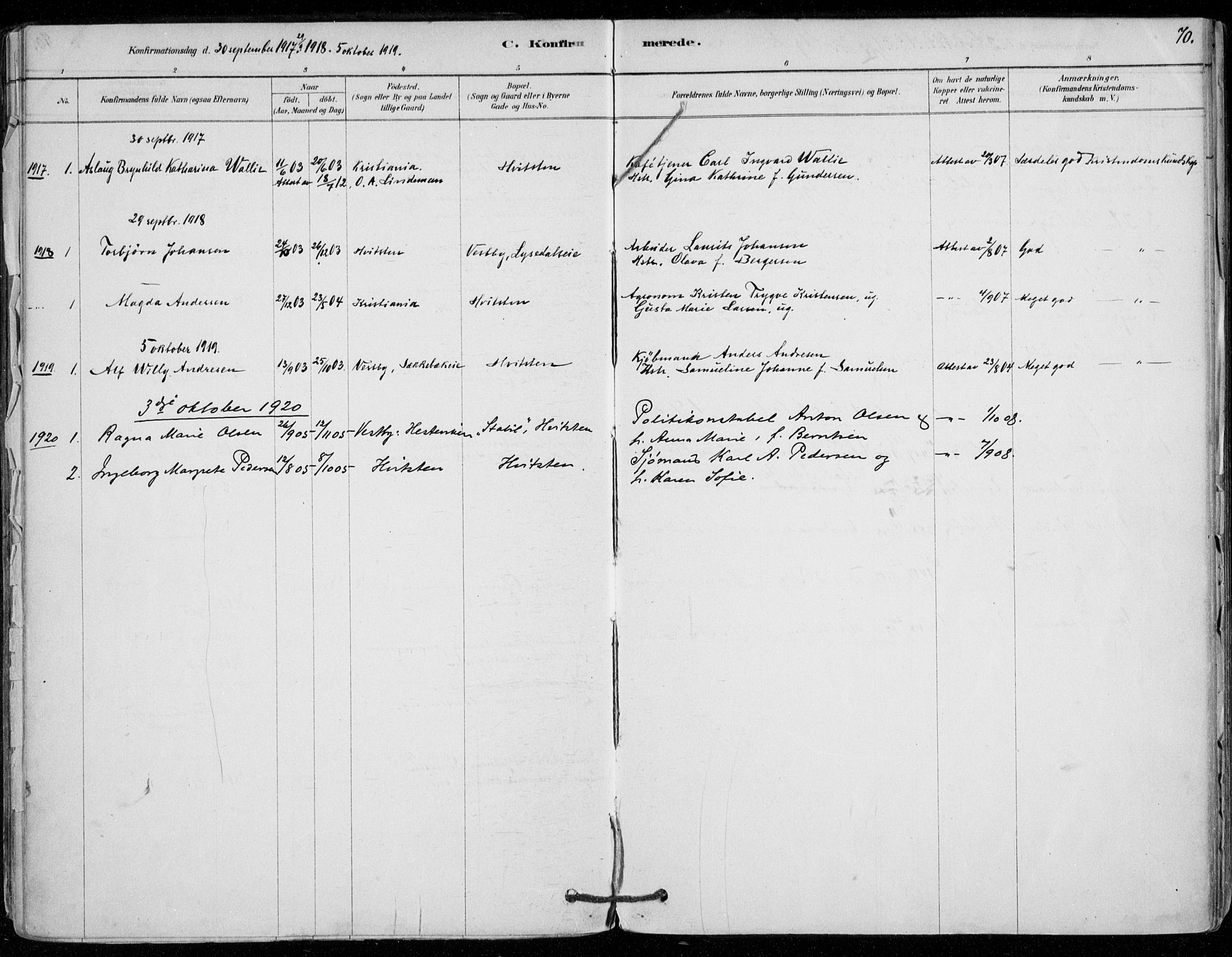 Vestby prestekontor Kirkebøker, SAO/A-10893/F/Fd/L0001: Parish register (official) no. IV 1, 1878-1945, p. 70