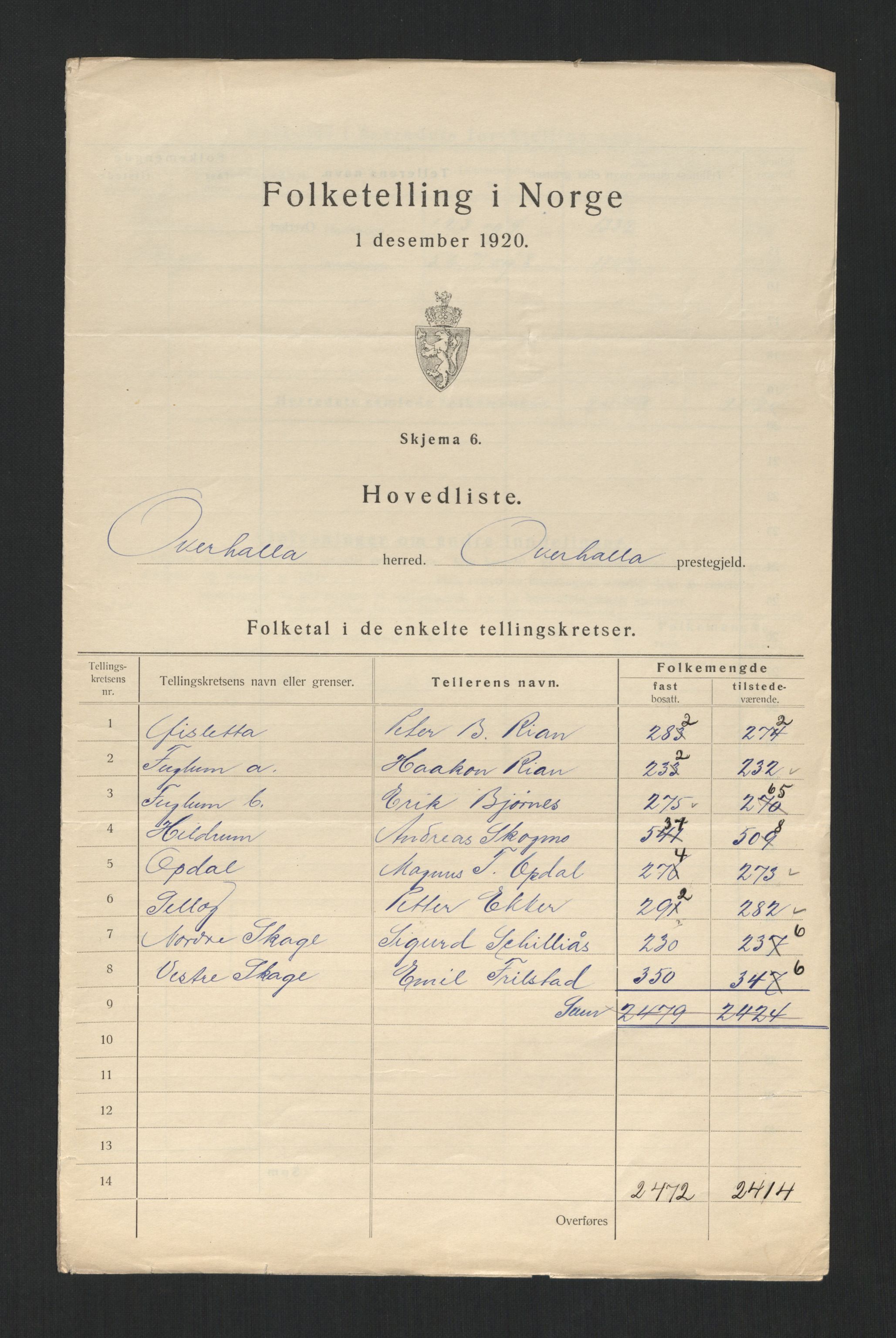 SAT, 1920 census for Overhalla, 1920, p. 5